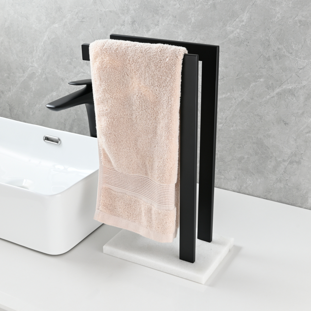 Tecmolog SUS304 Stainless Steel Towel Holder,Freestanding Bathroom Marble Basin Double Towel Rack,Brushed Gold,Black