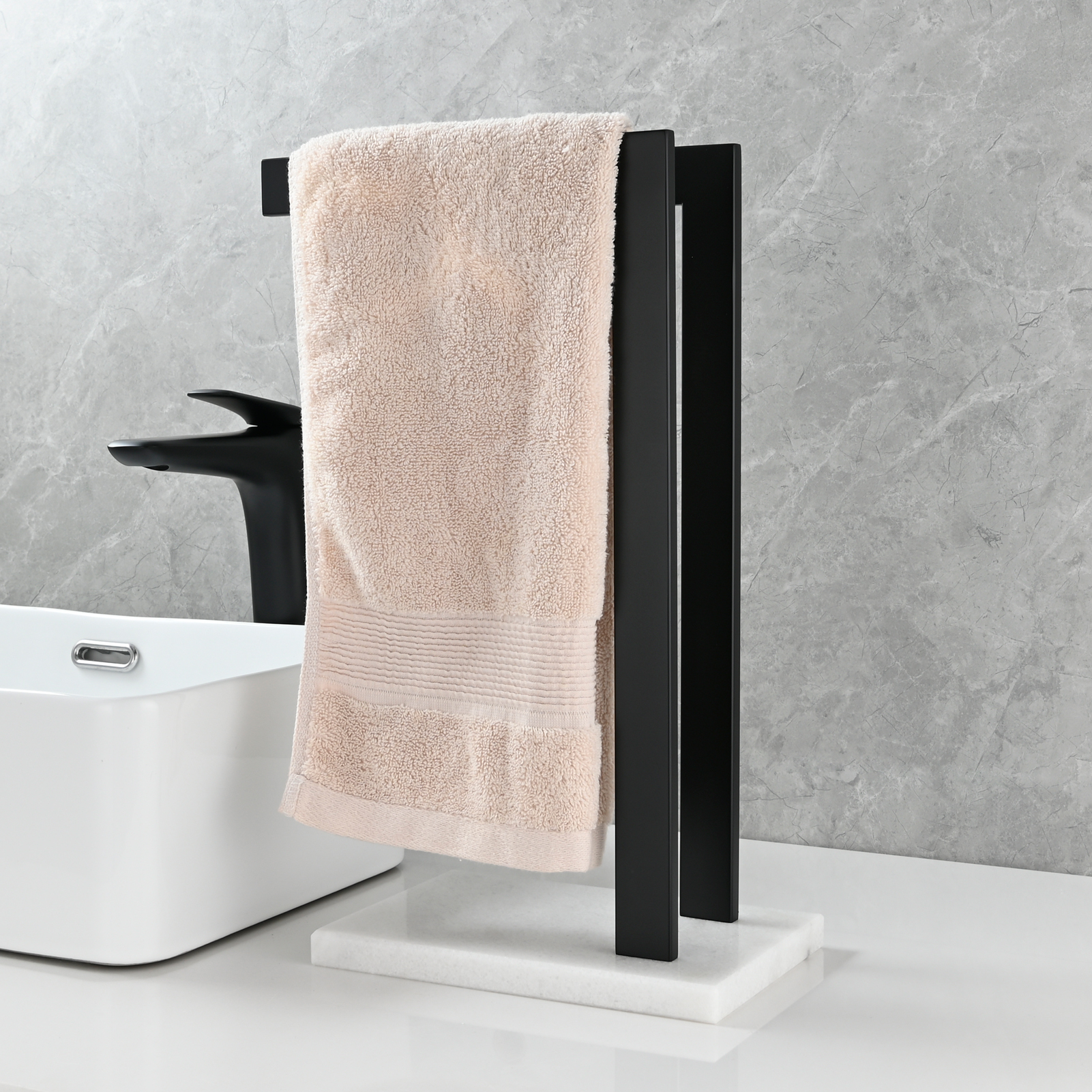 Tecmolog SUS304 Stainless Steel Towel Holder,Freestanding Bathroom Marble Basin Double Towel Rack,Brushed Gold,Black