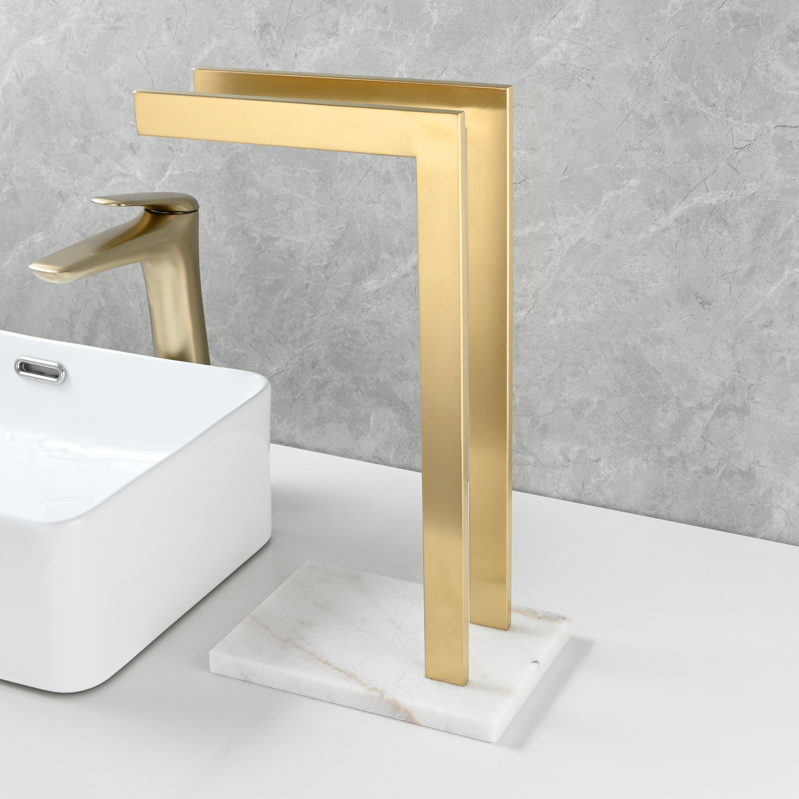 Tecmolog SUS304 Stainless Steel Towel Holder,Freestanding Bathroom Marble Basin Double Towel Rack,Brushed Gold,Black