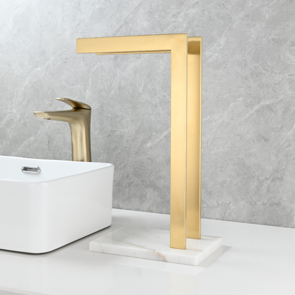 Tecmolog SUS304 Stainless Steel Towel Holder,Freestanding Bathroom Marble Basin Double Towel Rack,Brushed Gold,Black