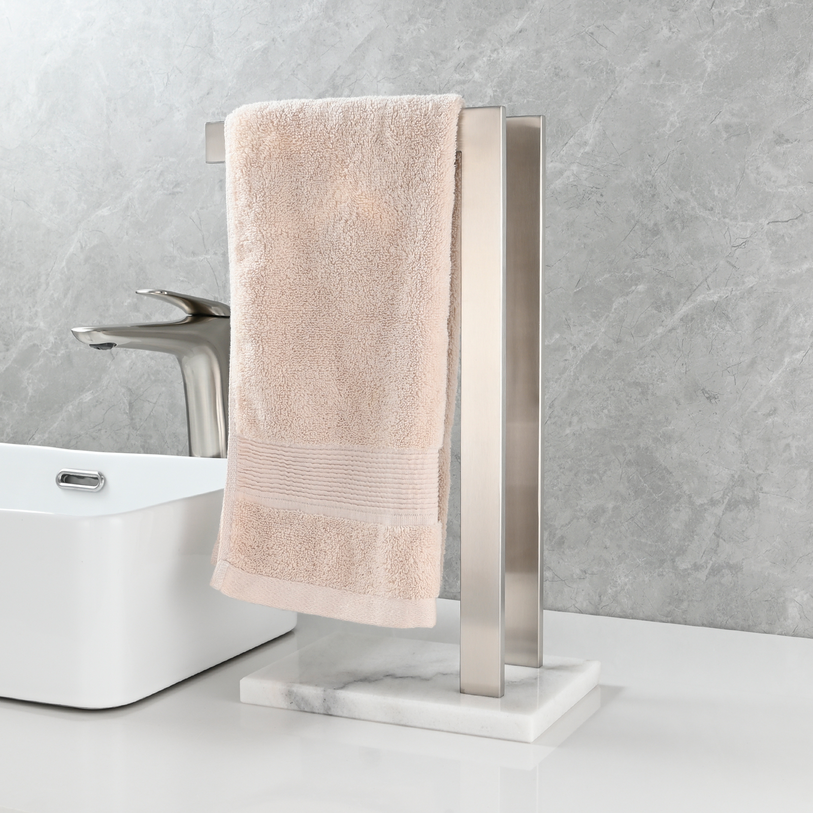 Tecmolog SUS304 Stainless Steel Towel Holder,Freestanding Bathroom Marble Basin Double Towel Rack,Brushed Gold,Black