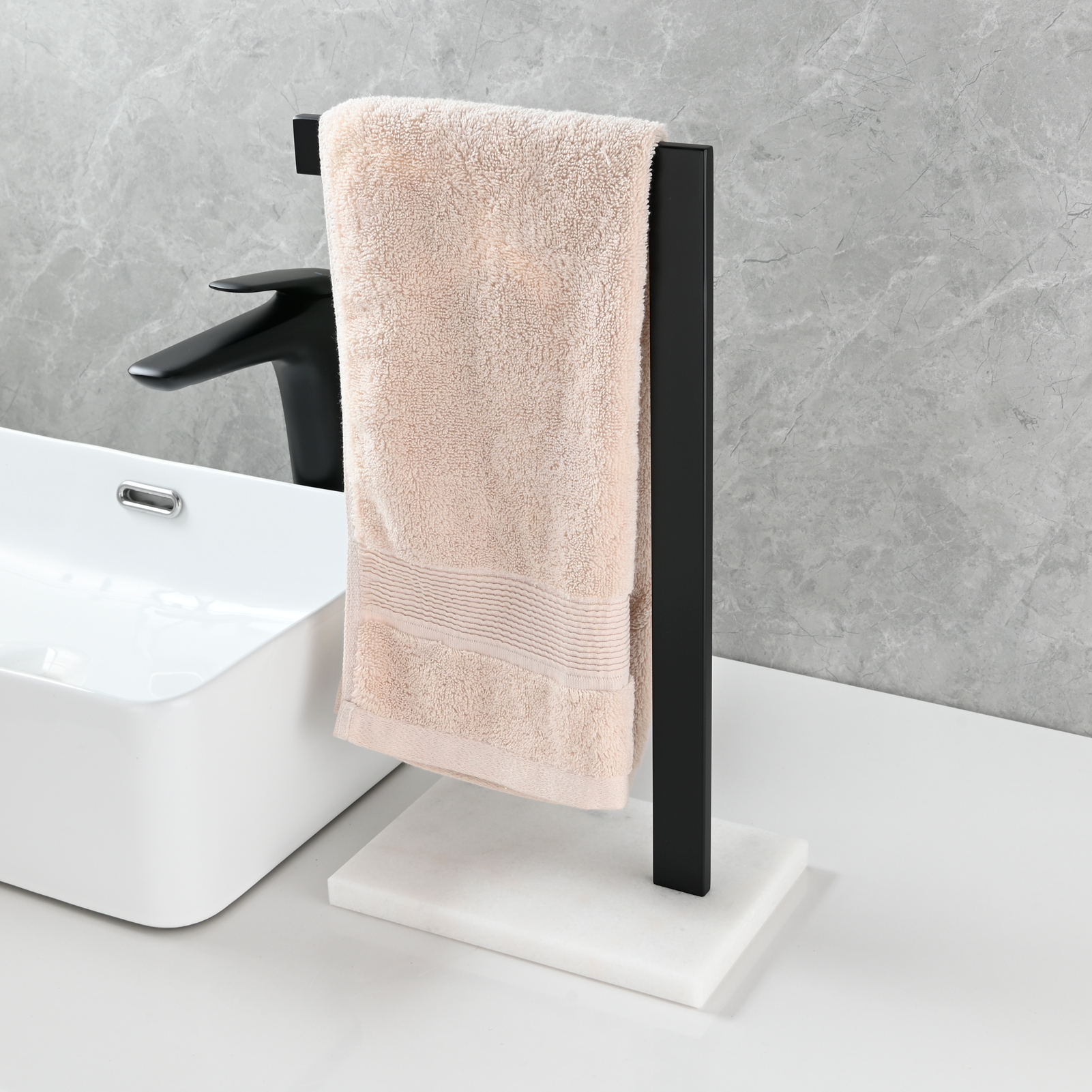 Tecmolog SUS304 Stainless Steel Towel Holder,Freestanding Bathroom Marble Basin Double Towel Rack,Brushed Gold,Black