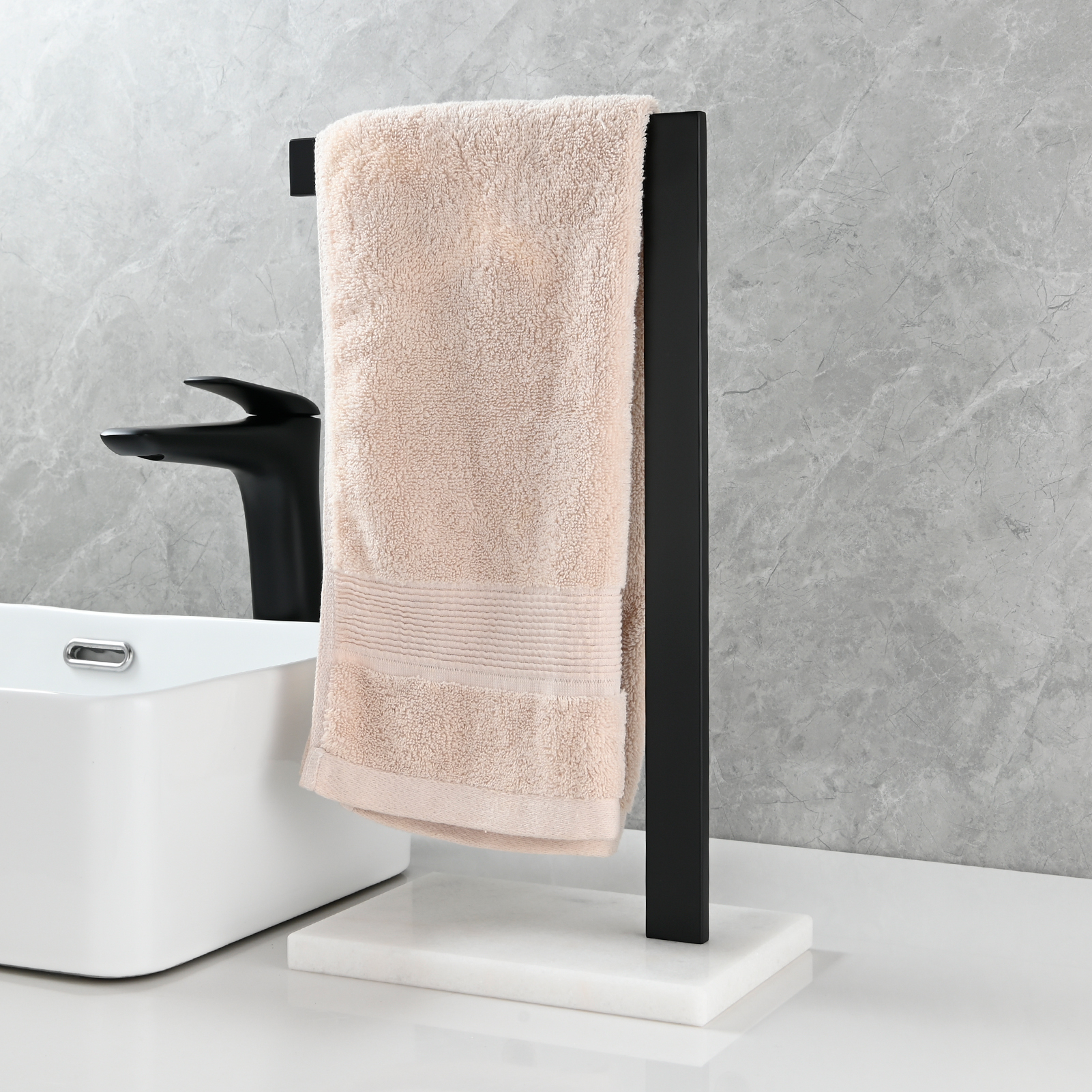 Tecmolog SUS304 Stainless Steel Towel Holder,Freestanding Bathroom Marble Basin Double Towel Rack,Brushed Gold,Black