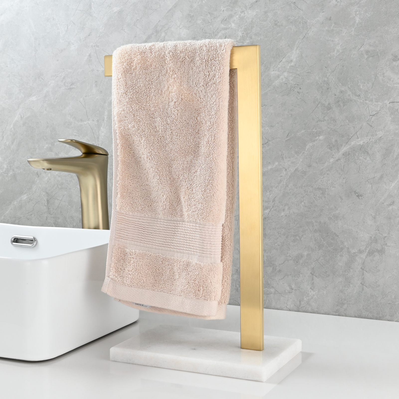 Tecmolog SUS304 Stainless Steel Towel Holder,Freestanding Bathroom Marble Basin Double Towel Rack,Brushed Gold,Black