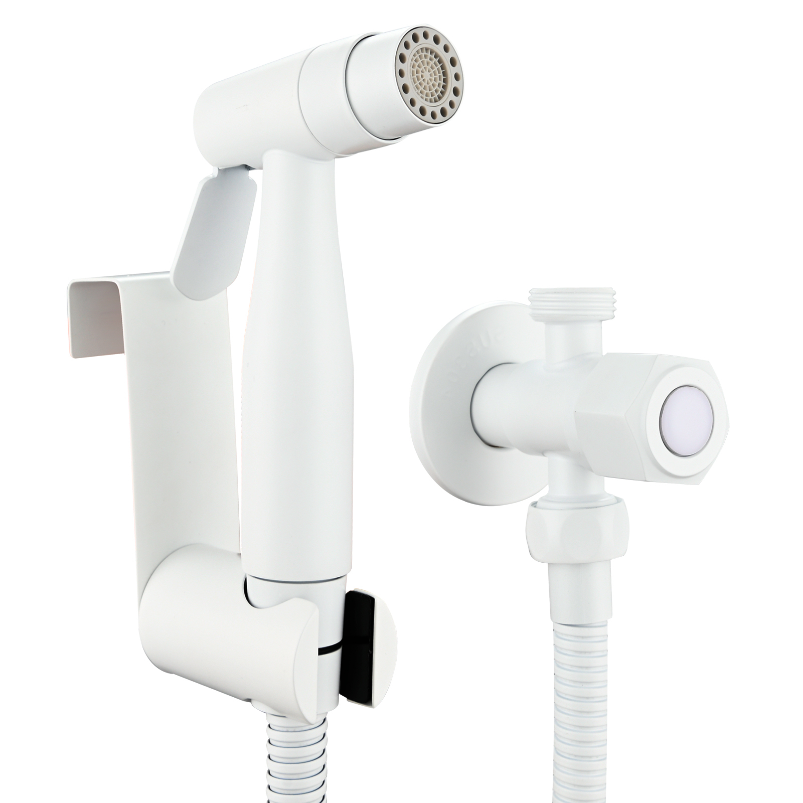 Tecmolog Stainless Steel White Bidet Sprayer Set Dual Function Shattaf with Holder and Hose