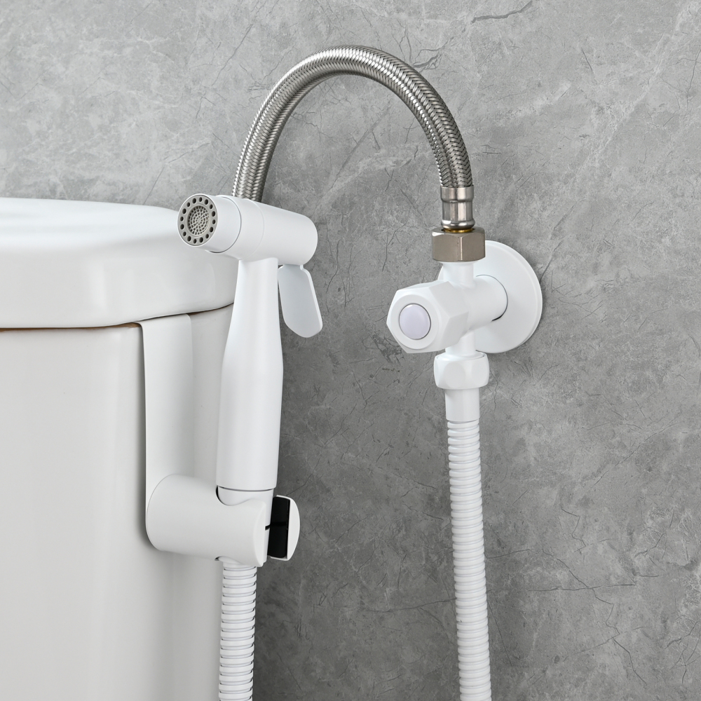 Tecmolog Stainless Steel White Bidet Sprayer Set Dual Function Shattaf with Holder and Hose
