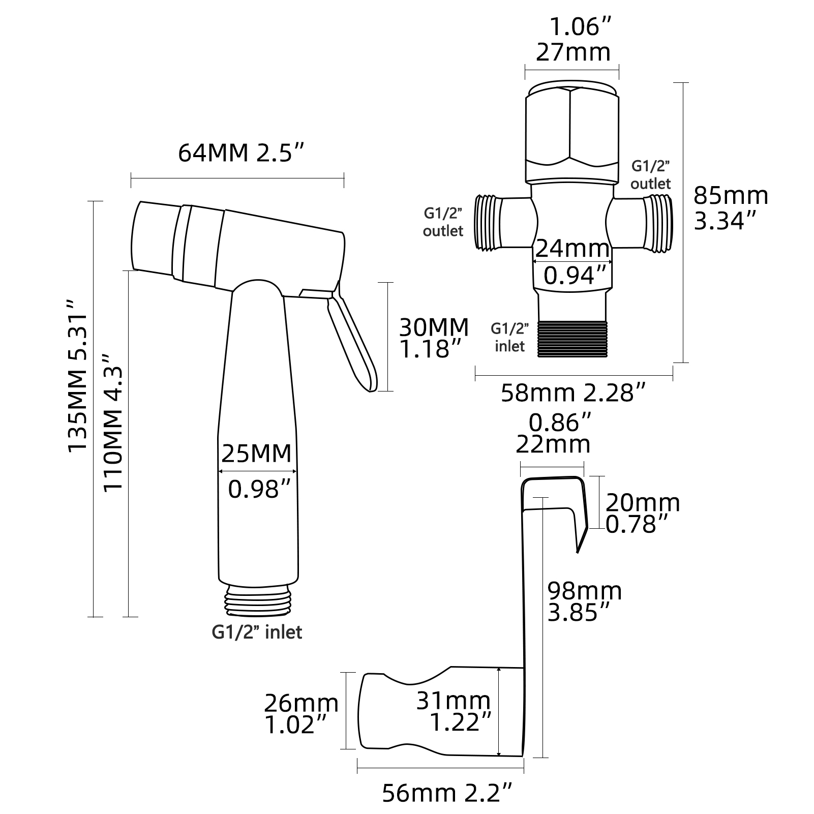 Tecmolog Stainless Steel White Bidet Sprayer Set Dual Function Shattaf with Holder and Hose
