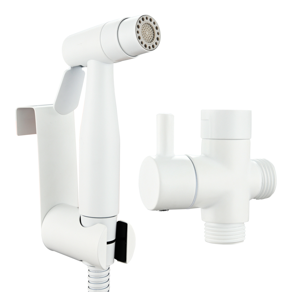 Tecmolog Stainless Steel White Bidet Sprayer Set Dual Function Shattaf with Holder and Hose