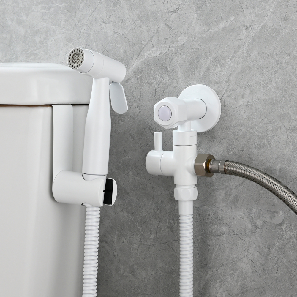 Tecmolog Stainless Steel White Bidet Sprayer Set Dual Function Shattaf with Holder and Hose