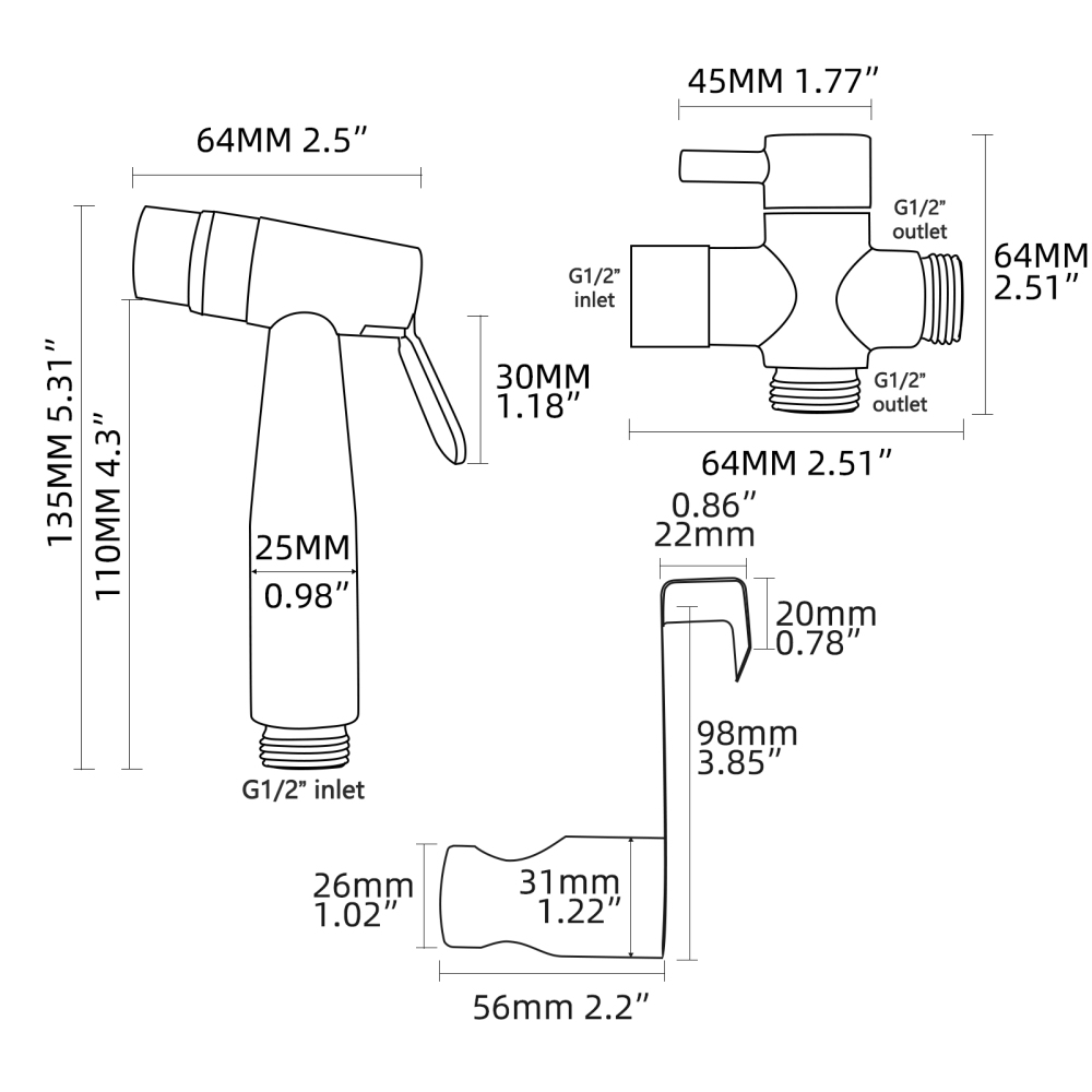 Tecmolog Stainless Steel White Bidet Sprayer Set Dual Function Shattaf with Holder and Hose