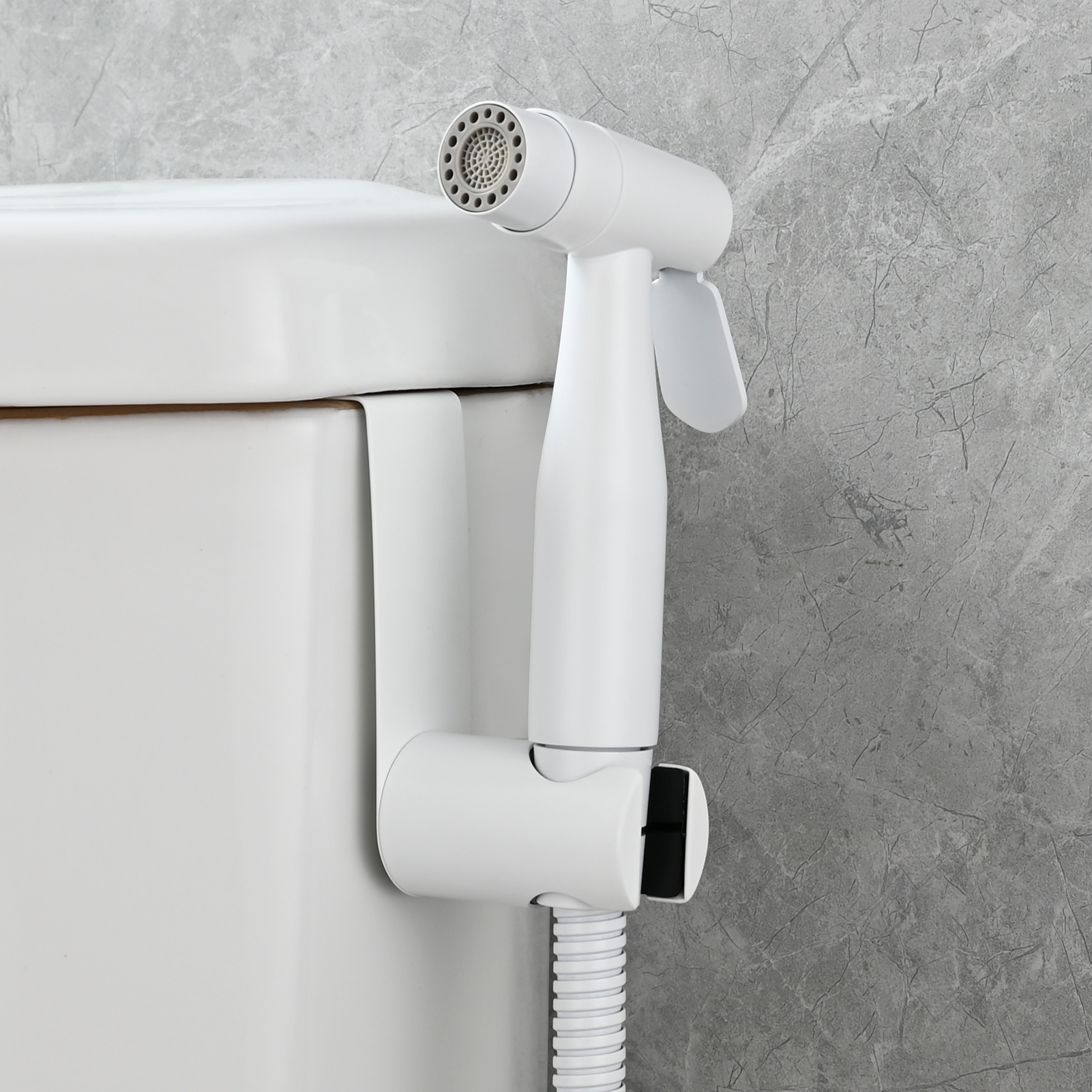 Tecmolog Stainless Steel White Bidet Sprayer Set Dual Function Shattaf with Holder and Hose
