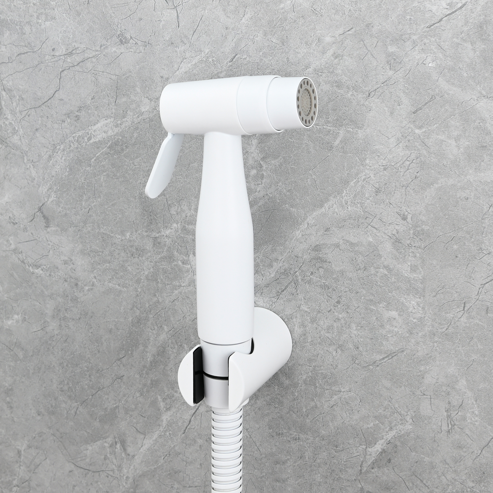 Tecmolog Stainless Steel White Bidet Sprayer Set Dual Function Shattaf with Holder and Hose