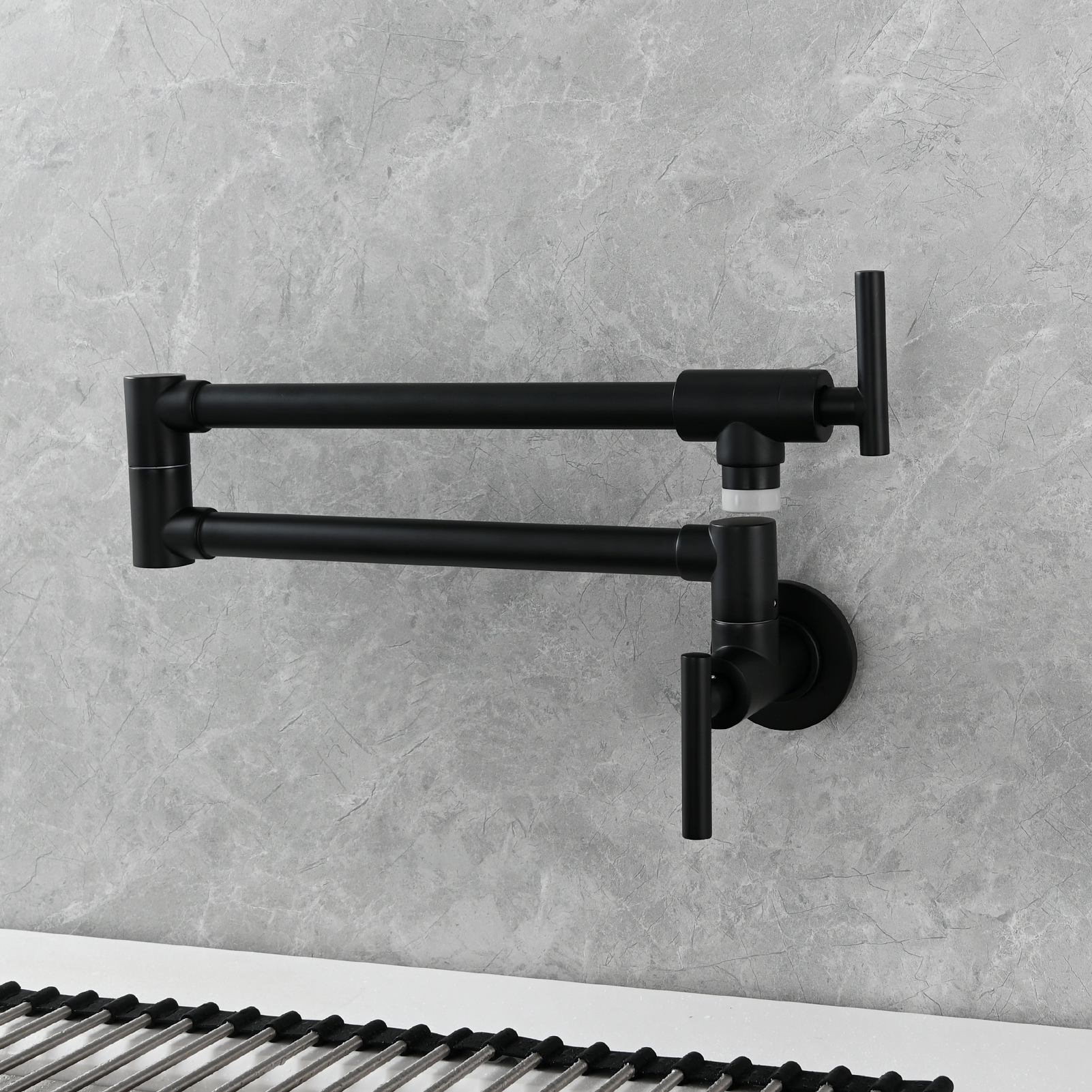 Tecmolog Pot Filler Faucet, Wall Mount 1/2”NPT Kitchen Sink Tap, Brass Double Joint Spout Cold Water Faucet, Nickel/Black/Chrome