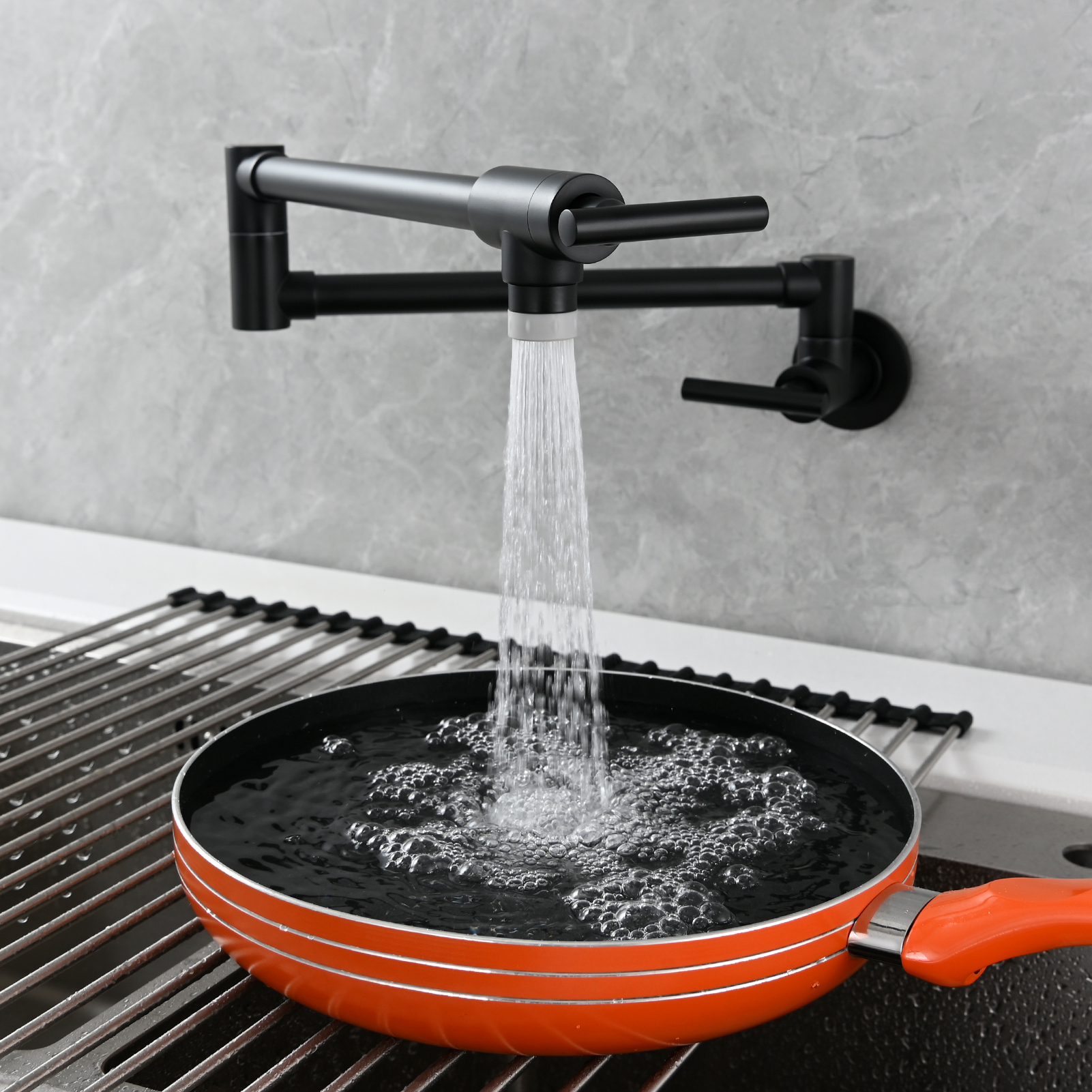 Tecmolog Pot Filler Faucet, Wall Mount 1/2”NPT Kitchen Sink Tap, Brass Double Joint Spout Cold Water Faucet, Nickel/Black/Chrome