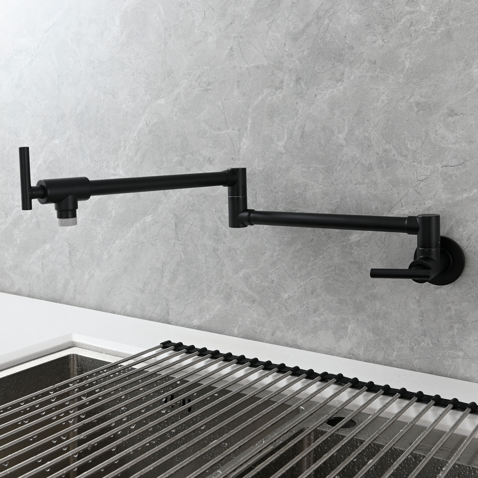 Tecmolog Pot Filler Faucet, Wall Mount 1/2”NPT Kitchen Sink Tap, Brass Double Joint Spout Cold Water Faucet, Nickel/Black/Chrome