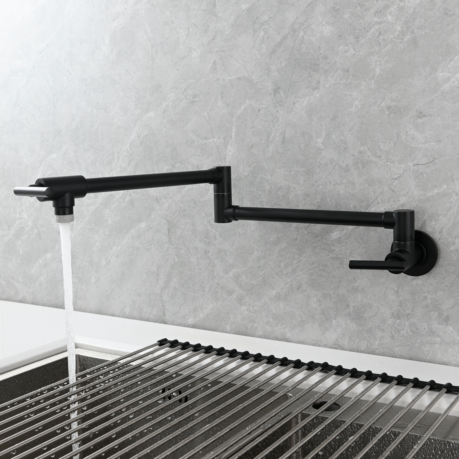 Tecmolog Pot Filler Faucet, Wall Mount 1/2”NPT Kitchen Sink Tap, Brass Double Joint Spout Cold Water Faucet, Nickel/Black/Chrome