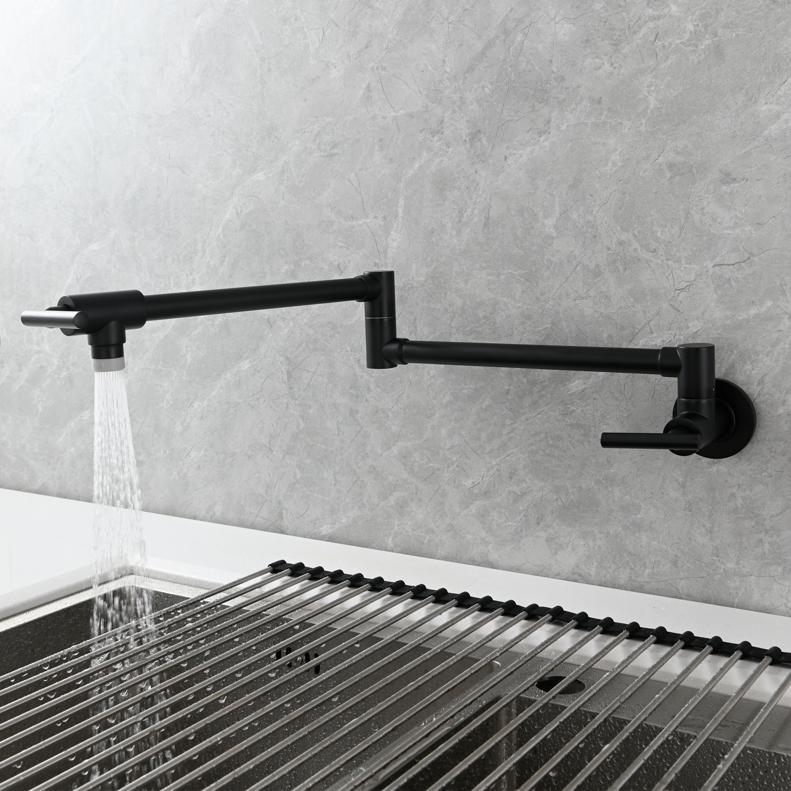 Tecmolog Pot Filler Faucet, Wall Mount 1/2”NPT Kitchen Sink Tap, Brass Double Joint Spout Cold Water Faucet, Nickel/Black/Chrome