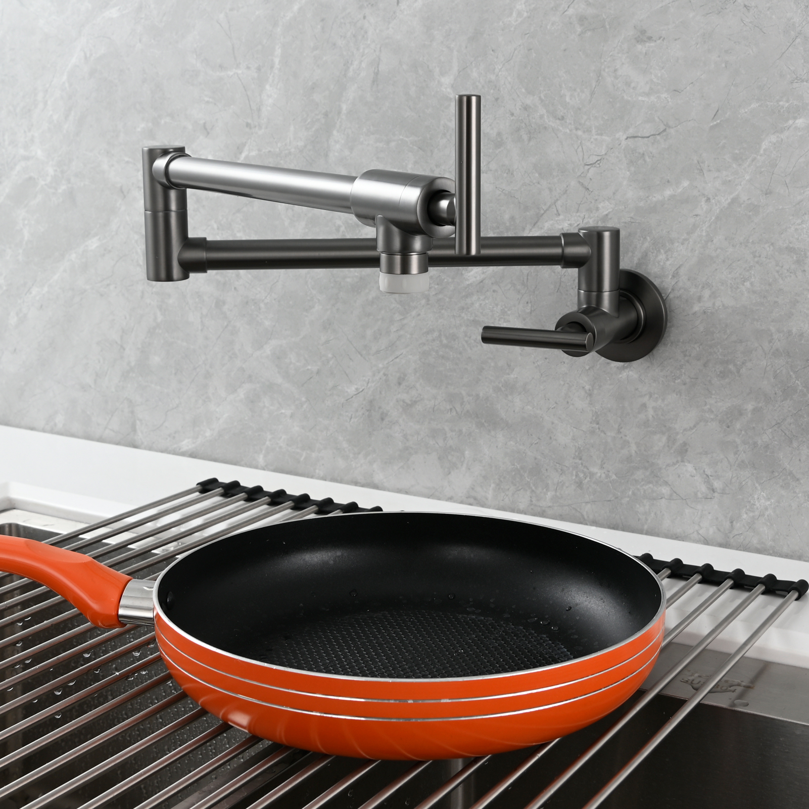 Tecmolog Pot Filler Faucet, Wall Mount 1/2”NPT Kitchen Sink Tap, Brass Double Joint Spout Cold Water Faucet, Nickel/Black/Chrome