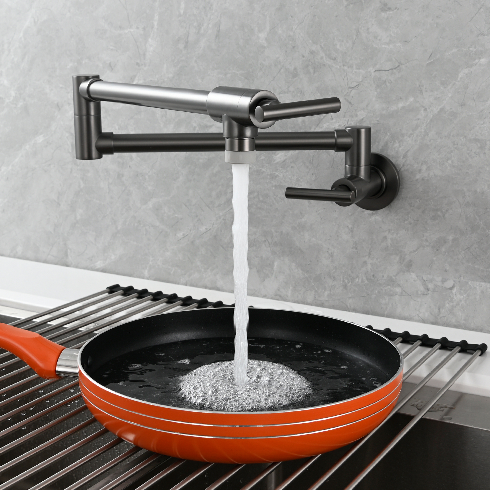 Tecmolog Pot Filler Faucet, Wall Mount 1/2”NPT Kitchen Sink Tap, Brass Double Joint Spout Cold Water Faucet, Nickel/Black/Chrome