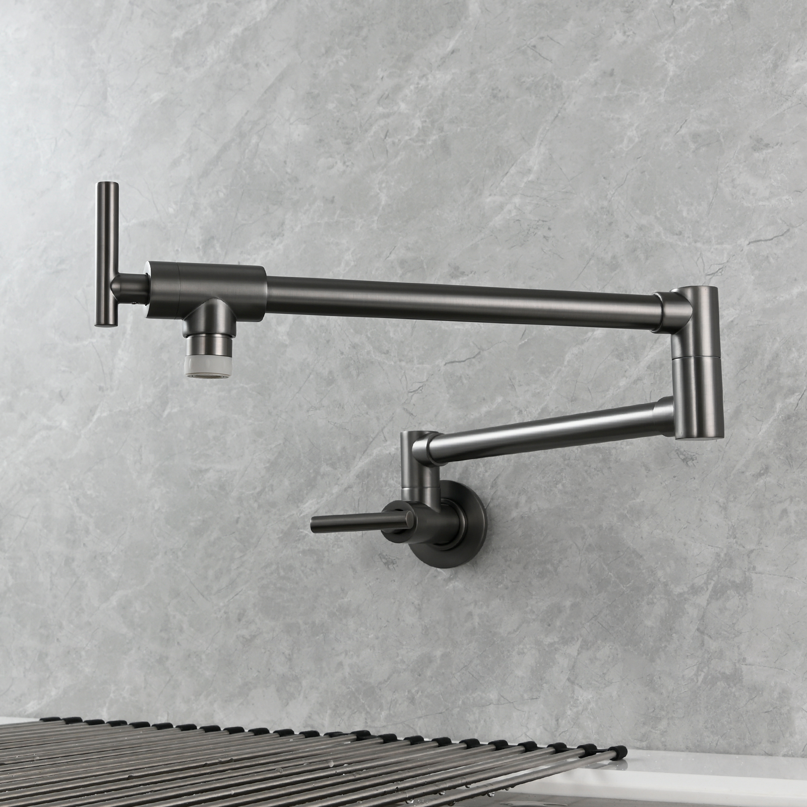 Tecmolog Pot Filler Faucet, Wall Mount 1/2”NPT Kitchen Sink Tap, Brass Double Joint Spout Cold Water Faucet, Nickel/Black/Chrome