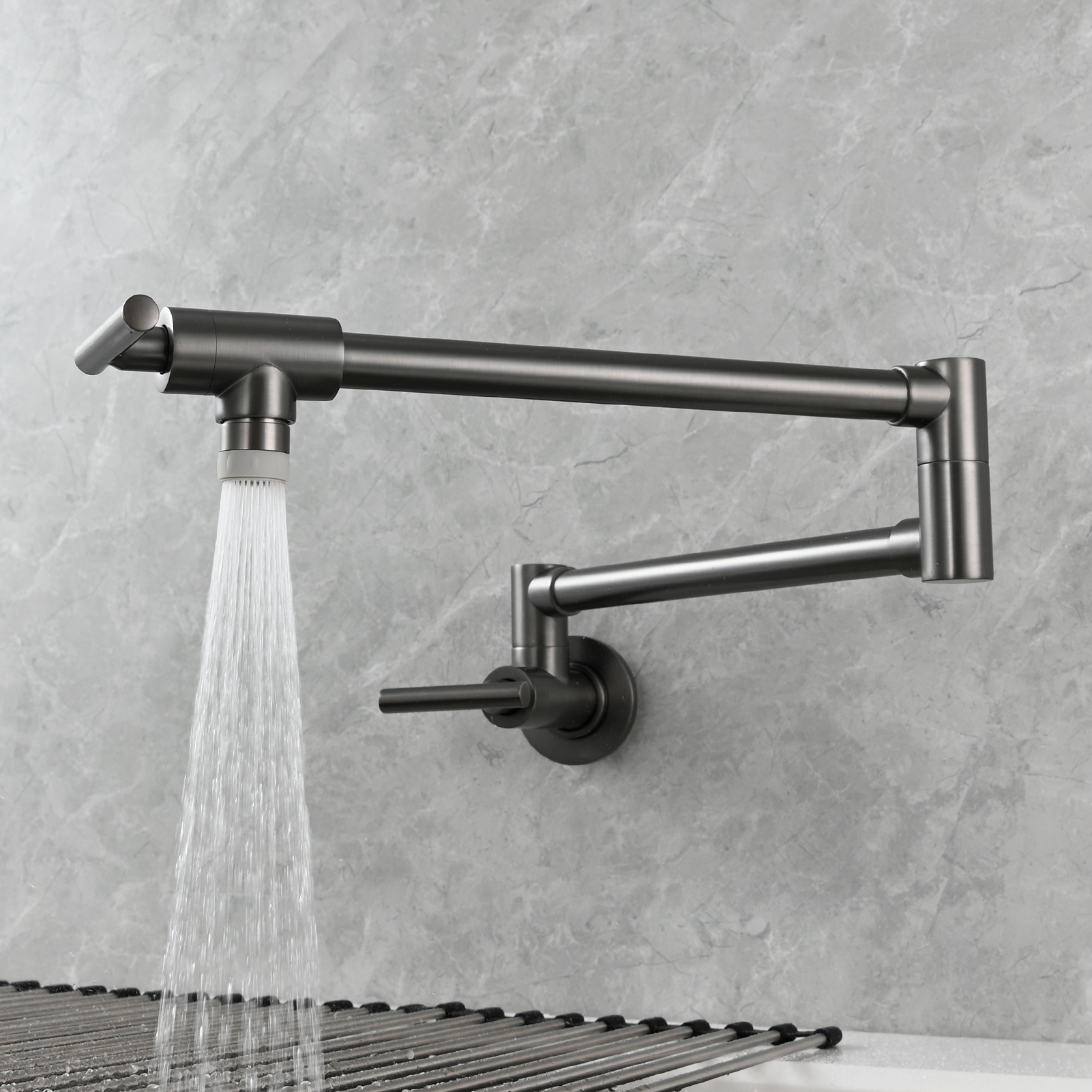 Tecmolog Pot Filler Faucet, Wall Mount 1/2”NPT Kitchen Sink Tap, Brass Double Joint Spout Cold Water Faucet, Nickel/Black/Chrome