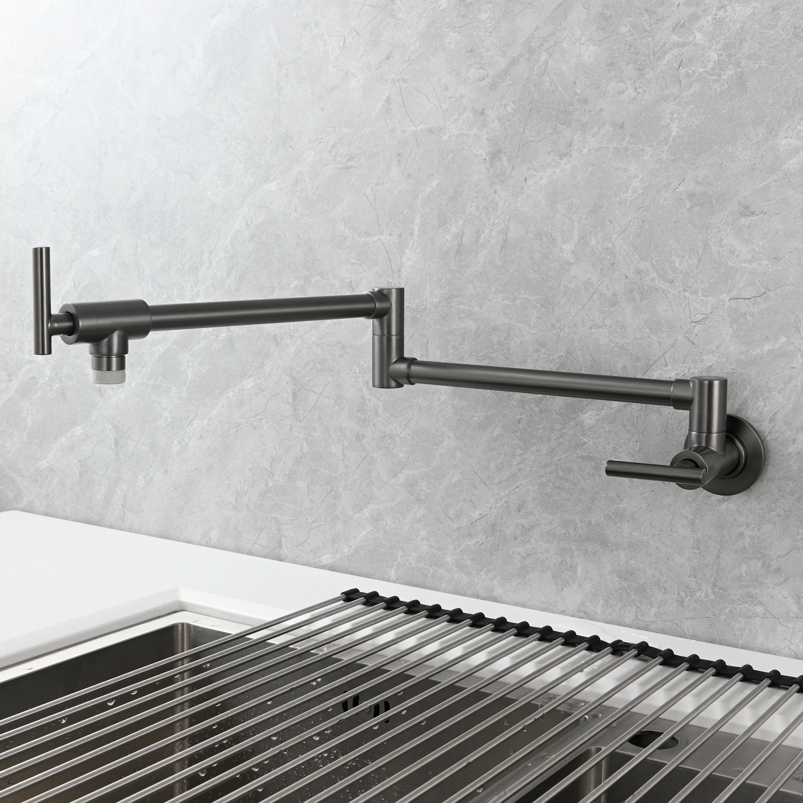 Tecmolog Pot Filler Faucet, Wall Mount 1/2”NPT Kitchen Sink Tap, Brass Double Joint Spout Cold Water Faucet, Nickel/Black/Chrome