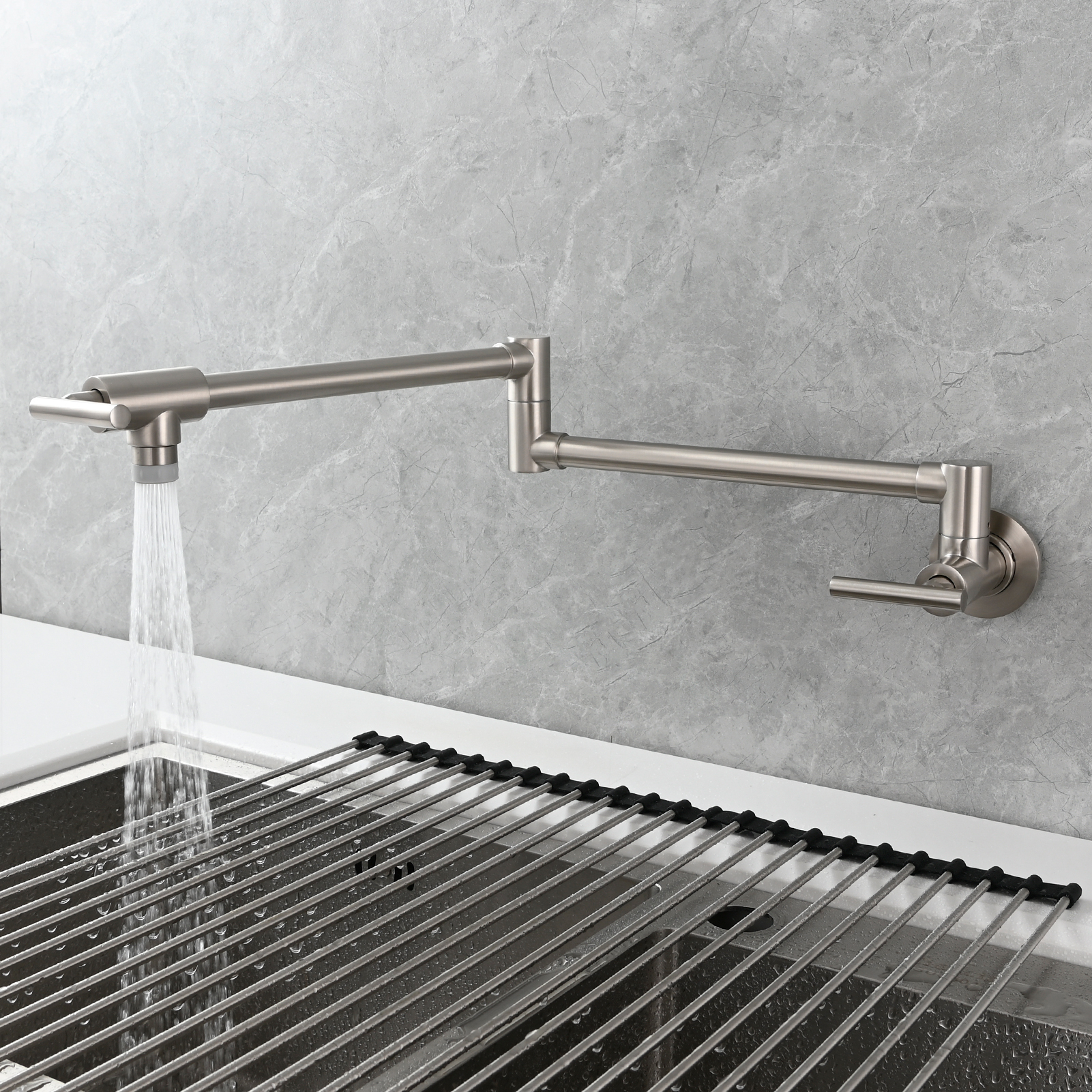 Tecmolog Pot Filler Faucet, Wall Mount 1/2”NPT Kitchen Sink Tap, Brass Double Joint Spout Cold Water Faucet, Nickel/Black/Chrome