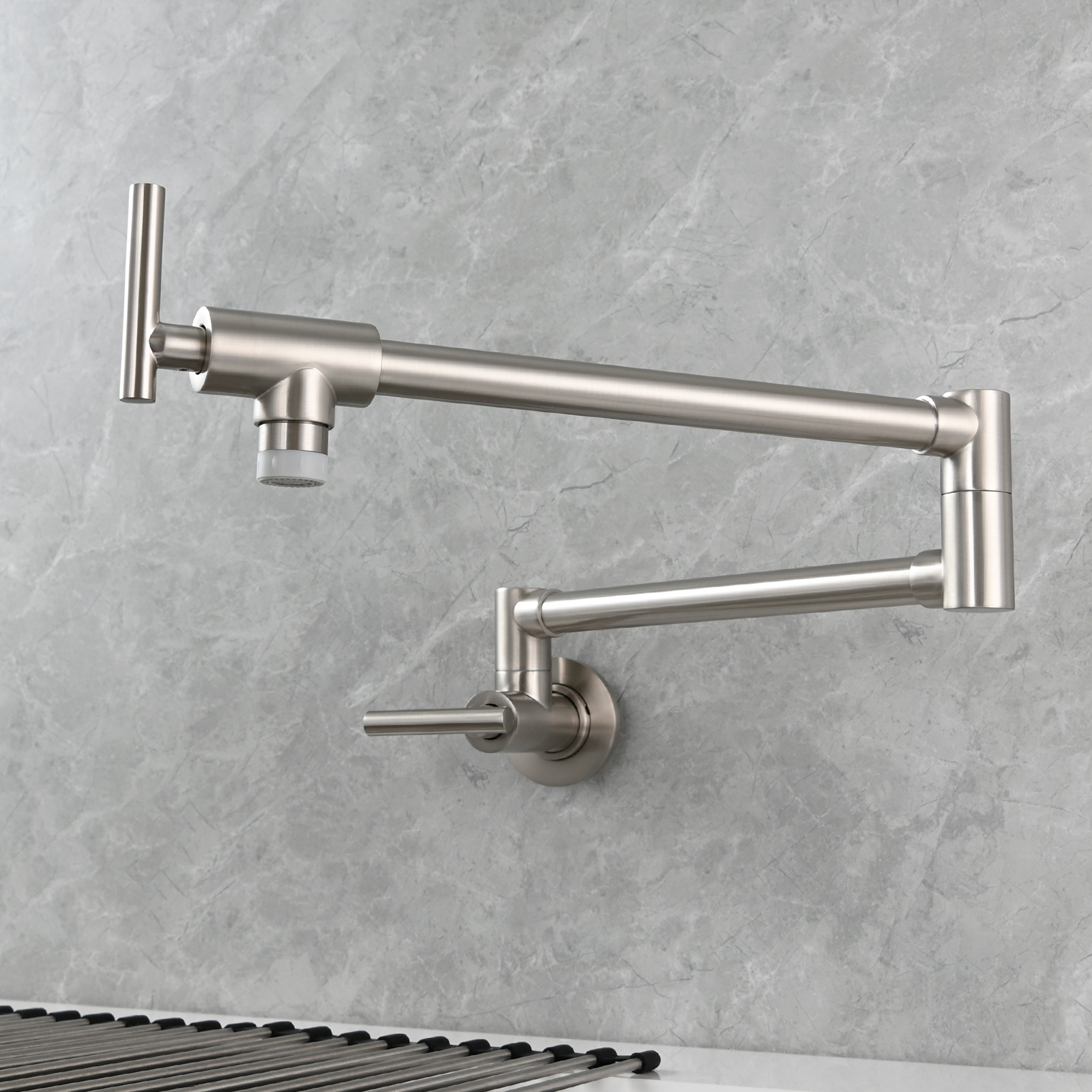 Tecmolog Pot Filler Faucet, Wall Mount 1/2”NPT Kitchen Sink Tap, Brass Double Joint Spout Cold Water Faucet, Nickel/Black/Chrome