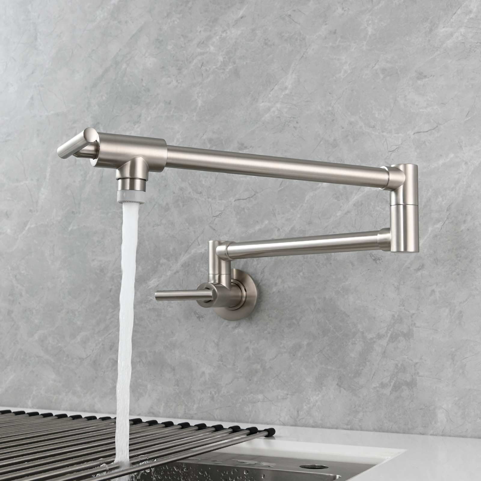 Tecmolog Pot Filler Faucet, Wall Mount 1/2”NPT Kitchen Sink Tap, Brass Double Joint Spout Cold Water Faucet, Nickel/Black/Chrome