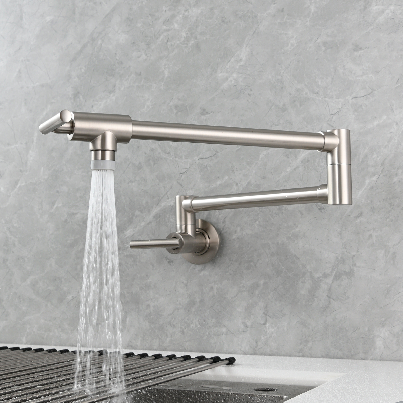 Tecmolog Pot Filler Faucet, Wall Mount 1/2”NPT Kitchen Sink Tap, Brass Double Joint Spout Cold Water Faucet, Nickel/Black/Chrome