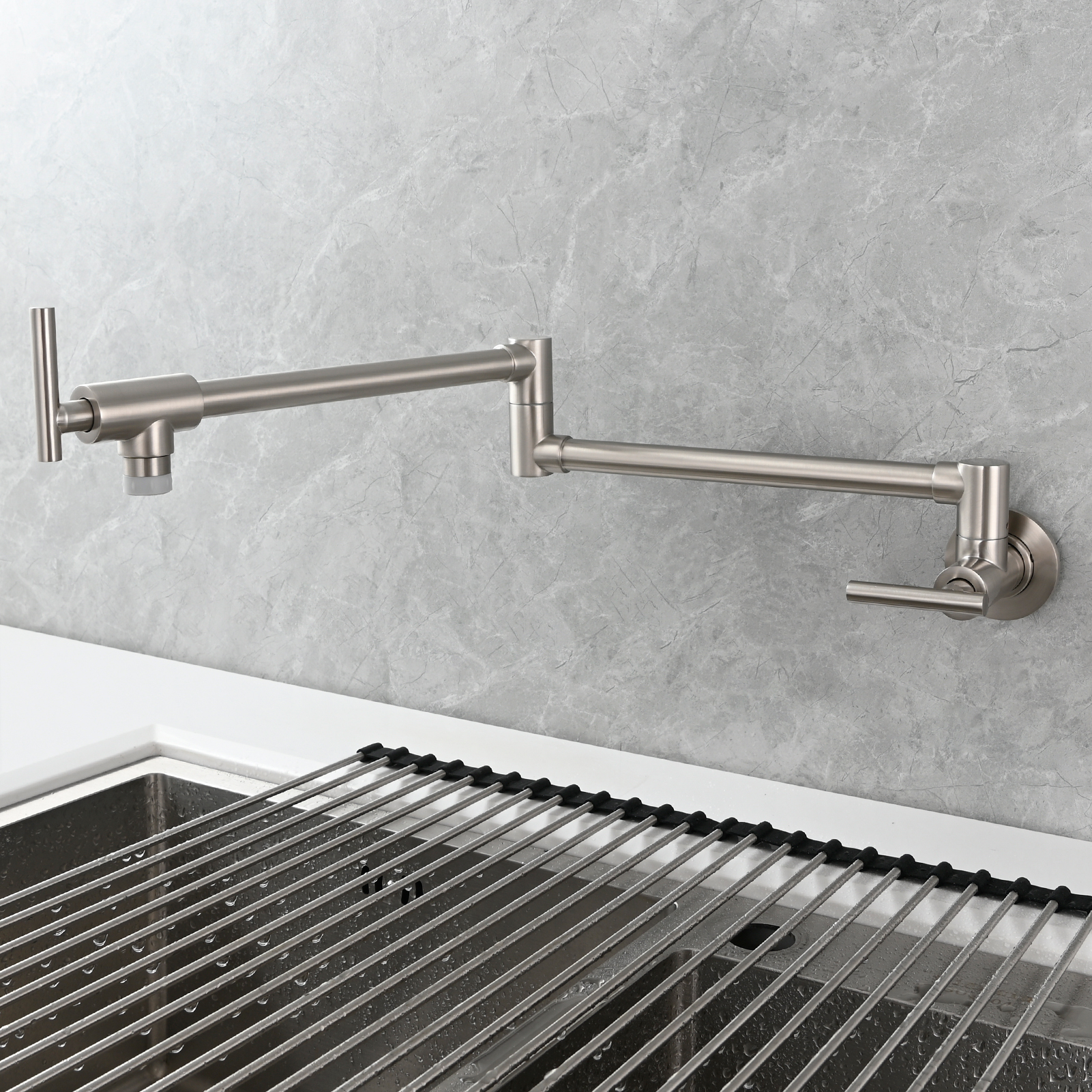 Tecmolog Pot Filler Faucet, Wall Mount 1/2”NPT Kitchen Sink Tap, Brass Double Joint Spout Cold Water Faucet, Nickel/Black/Chrome