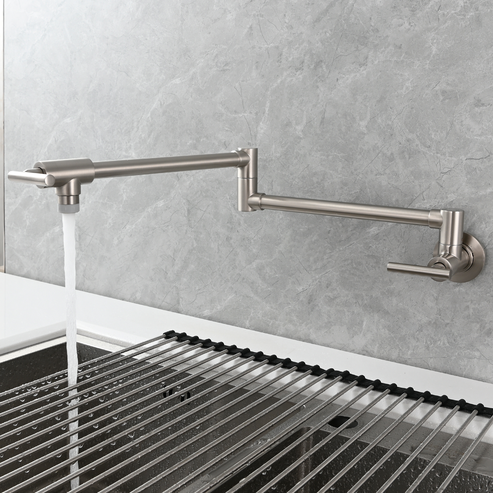 Tecmolog Pot Filler Faucet, Wall Mount 1/2”NPT Kitchen Sink Tap, Brass Double Joint Spout Cold Water Faucet, Nickel/Black/Chrome