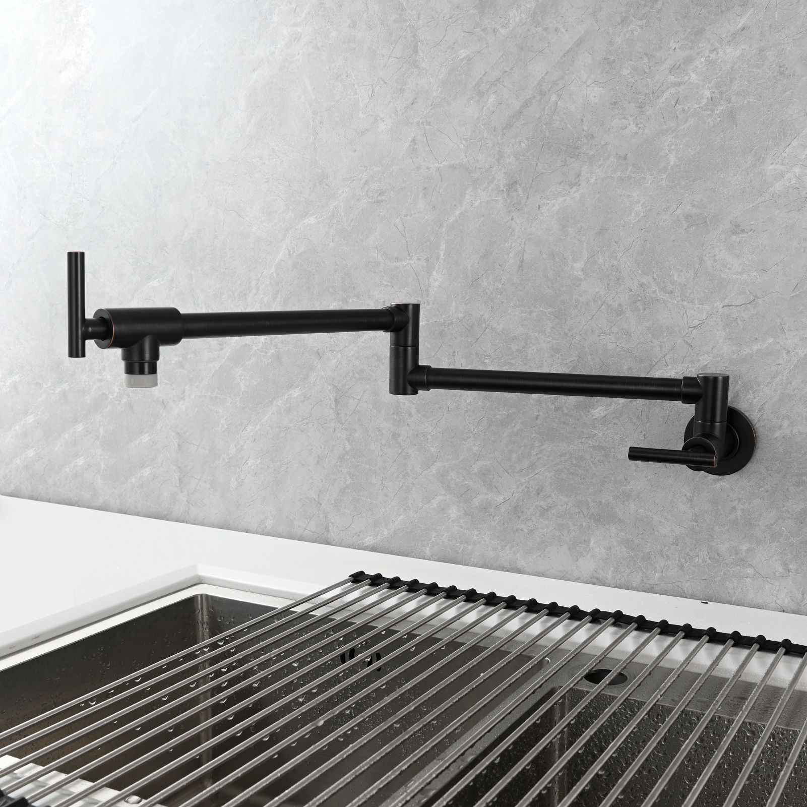 Tecmolog Pot Filler Faucet, Wall Mount 1/2”NPT Kitchen Sink Tap, Brass Double Joint Spout Cold Water Faucet,Nickel/Black/Chrome