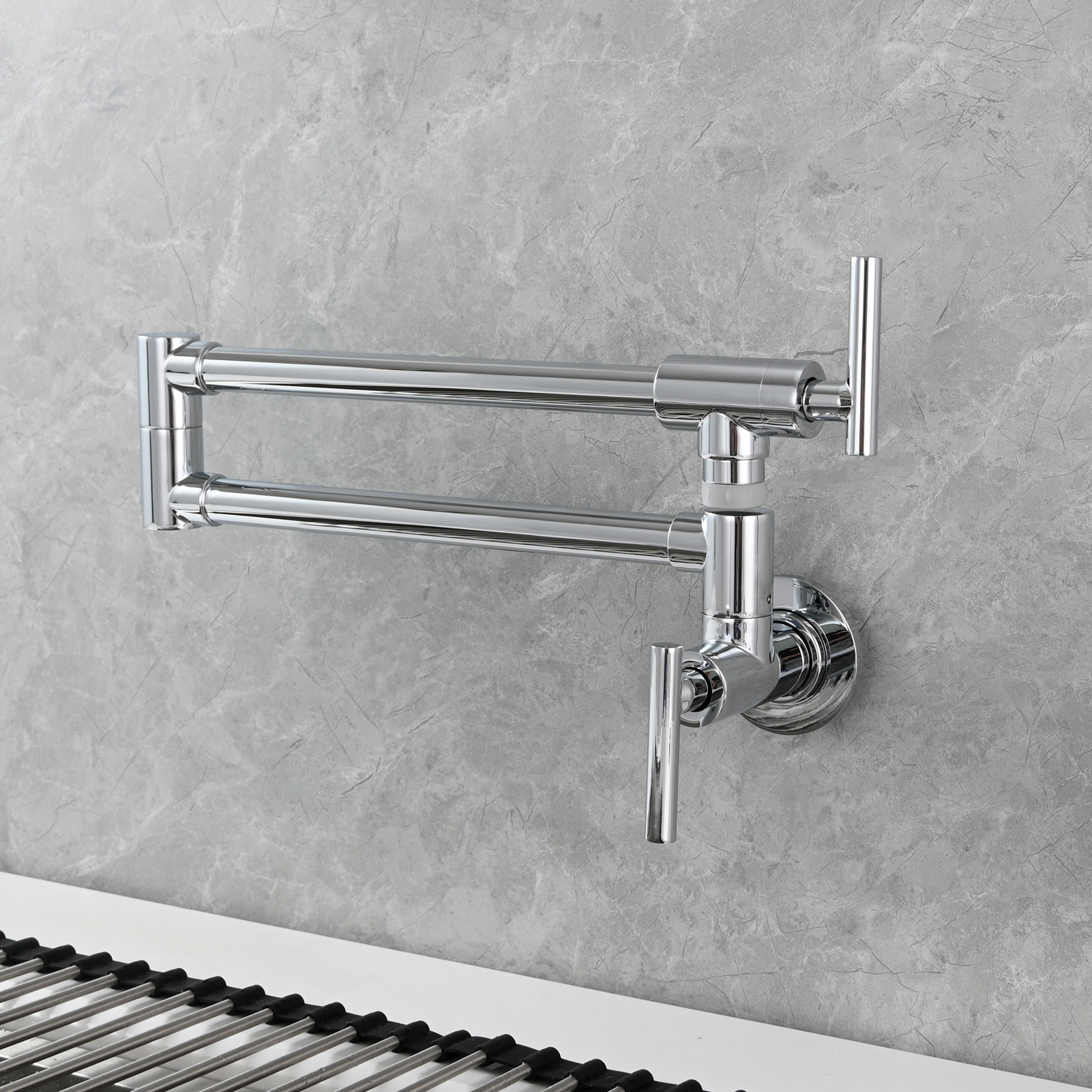 Tecmolog Pot Filler Faucet, Wall Mount 1/2”NPT Kitchen Sink Tap, Brass Double Joint Spout Cold Water Faucet, Nickel/Black/Chrome