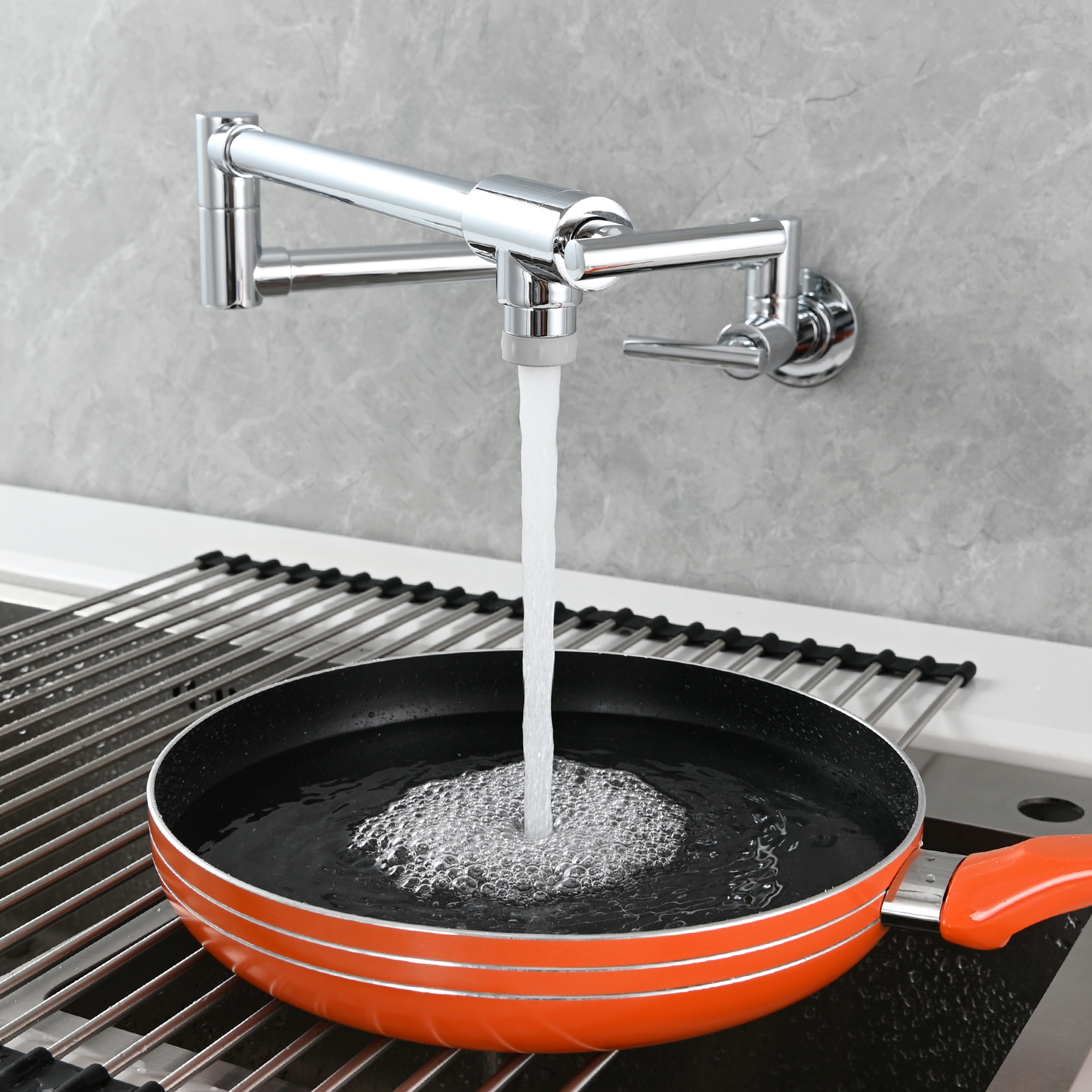 Tecmolog Pot Filler Faucet, Wall Mount 1/2”NPT Kitchen Sink Tap, Brass Double Joint Spout Cold Water Faucet, Nickel/Black/Chrome