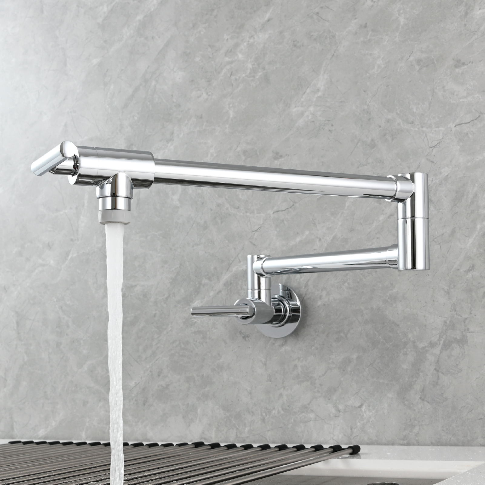 Tecmolog Pot Filler Faucet, Wall Mount 1/2”NPT Kitchen Sink Tap, Brass Double Joint Spout Cold Water Faucet, Nickel/Black/Chrome