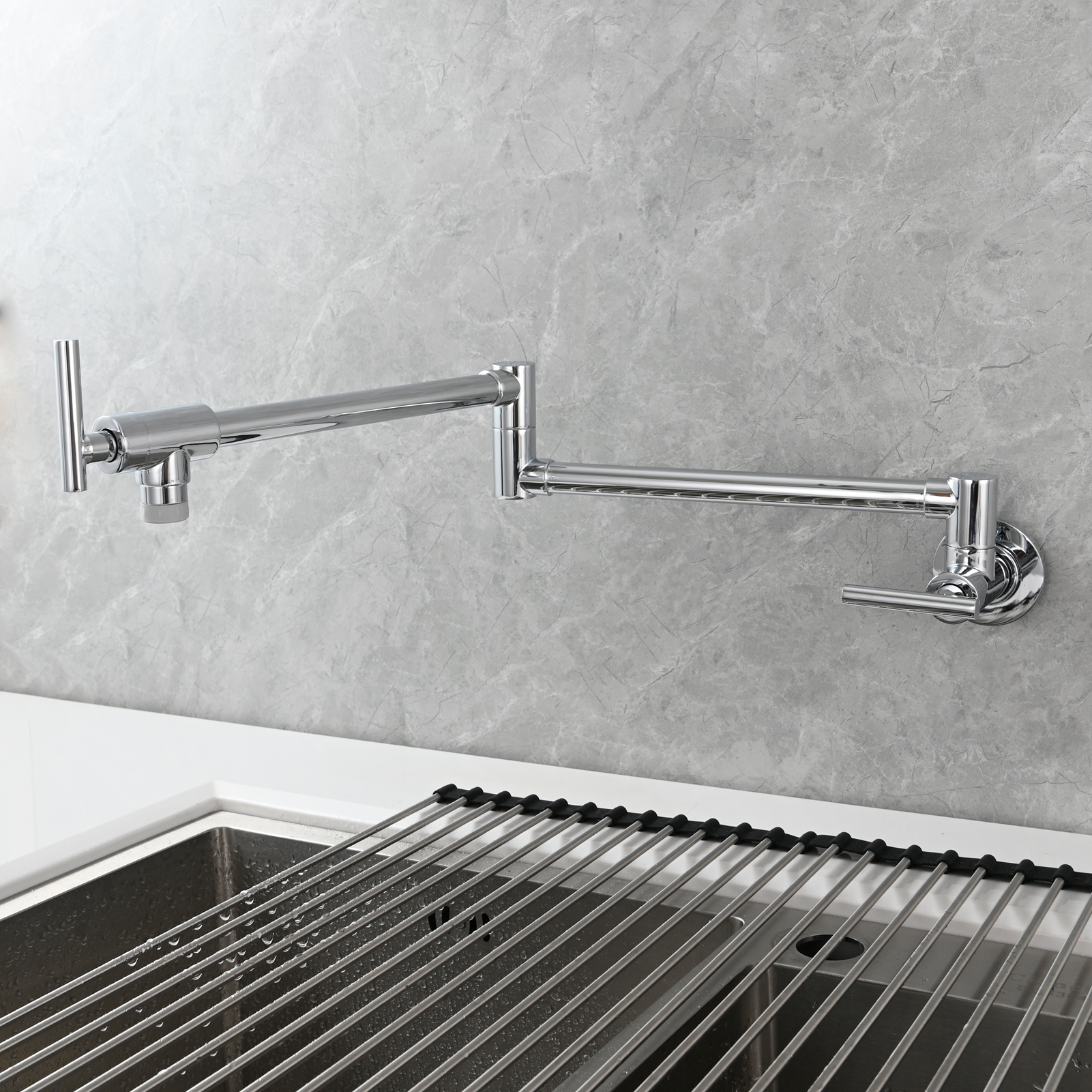 Tecmolog Pot Filler Faucet, Wall Mount 1/2”NPT Kitchen Sink Tap, Brass Double Joint Spout Cold Water Faucet, Nickel/Black/Chrome