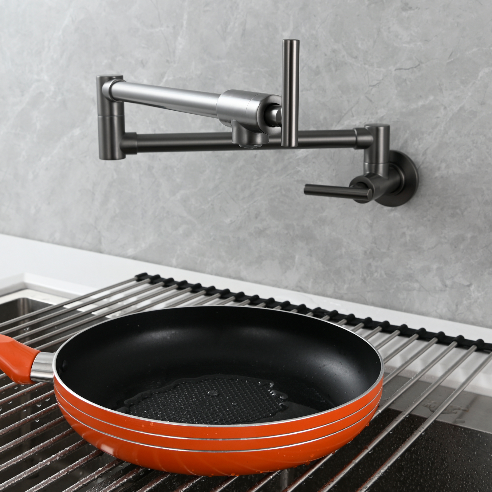 Tecmolog Pot Filler Faucet, Wall Mount 1/2”NPT Kitchen Sink Tap, Brass Double Joint Spout Cold Water Faucet,Nickel/Black/Chrome