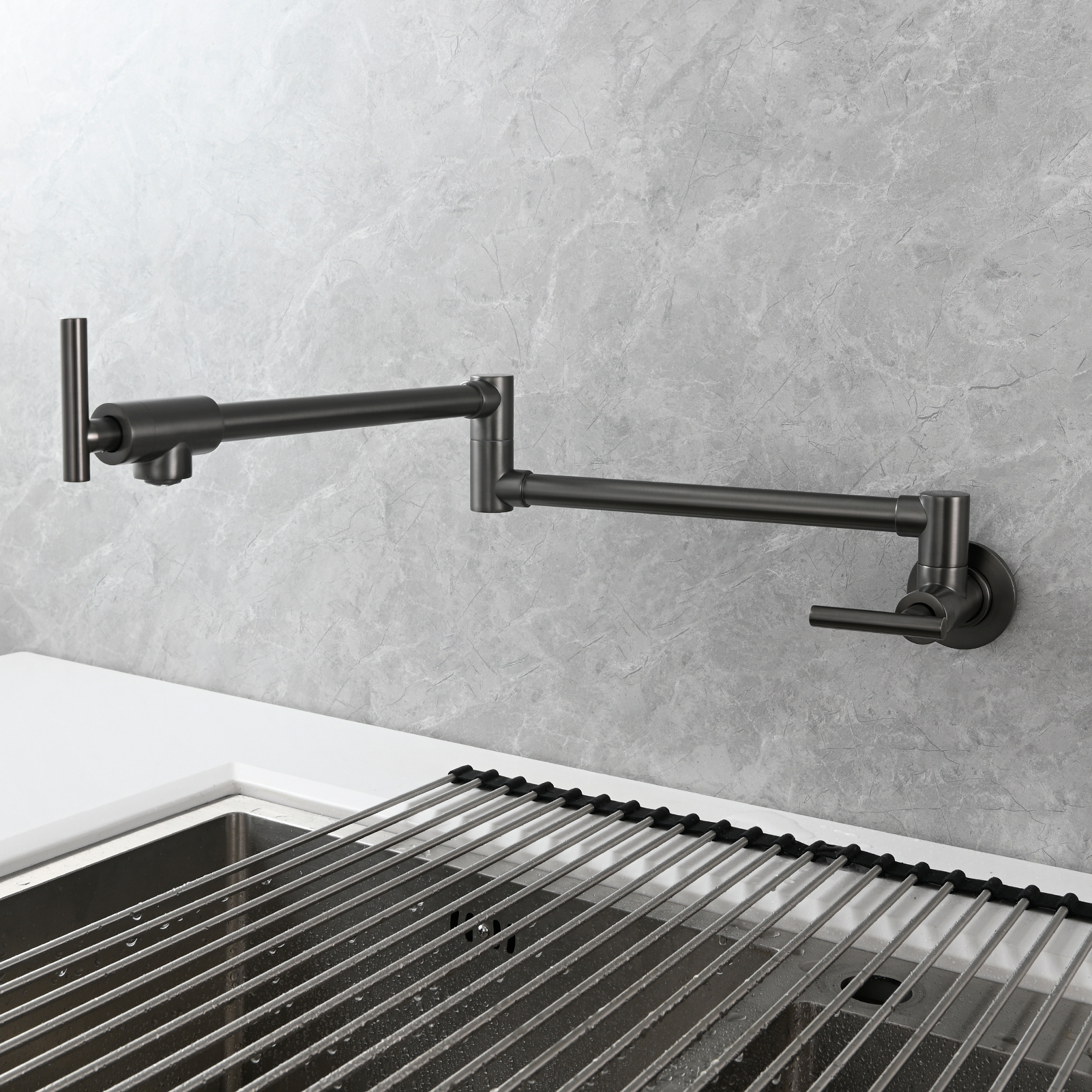 Tecmolog Pot Filler Faucet, Wall Mount 1/2”NPT Kitchen Sink Tap, Brass Double Joint Spout Cold Water Faucet,Nickel/Black/Chrome