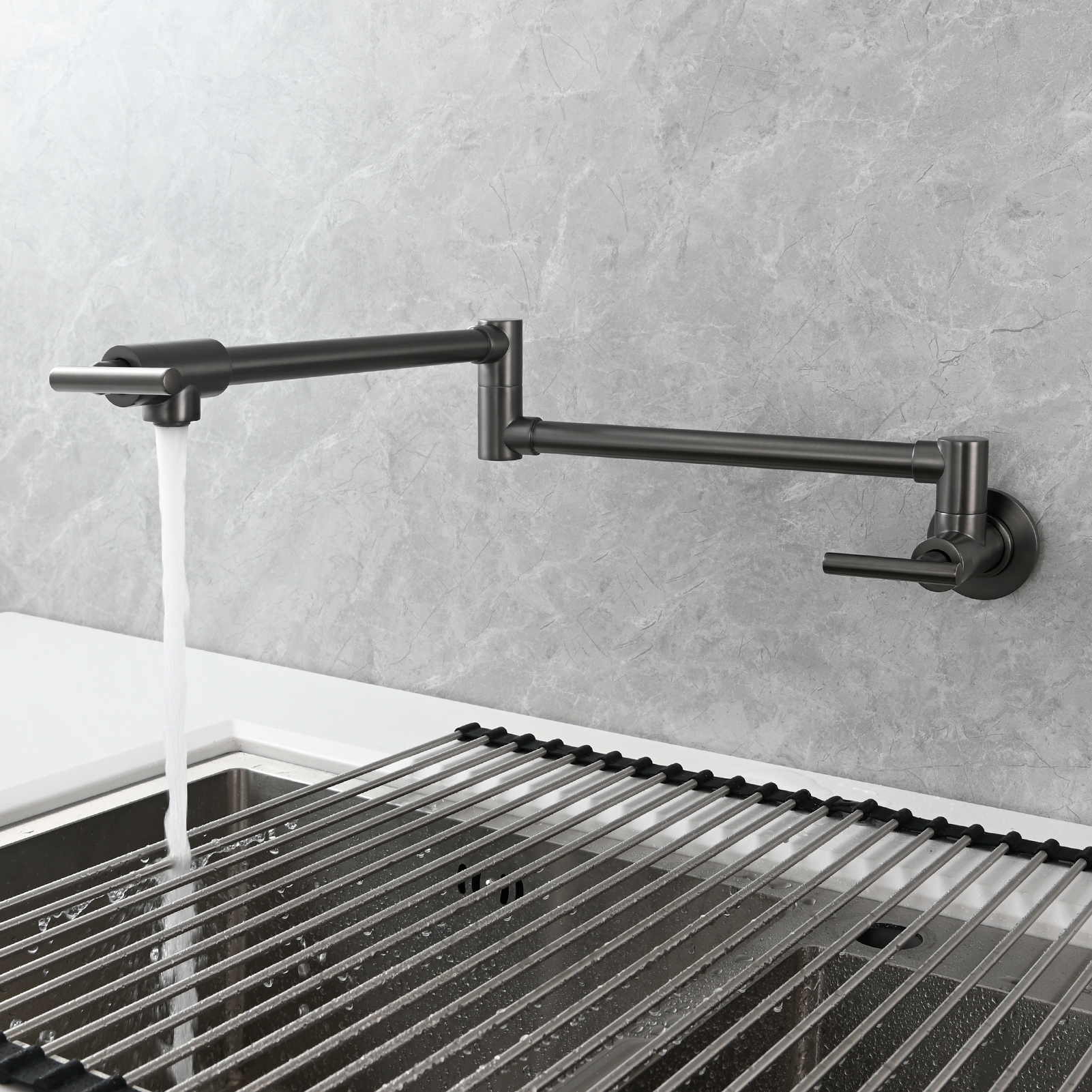 Tecmolog Pot Filler Faucet, Wall Mount 1/2”NPT Kitchen Sink Tap, Brass Double Joint Spout Cold Water Faucet,Nickel/Black/Chrome