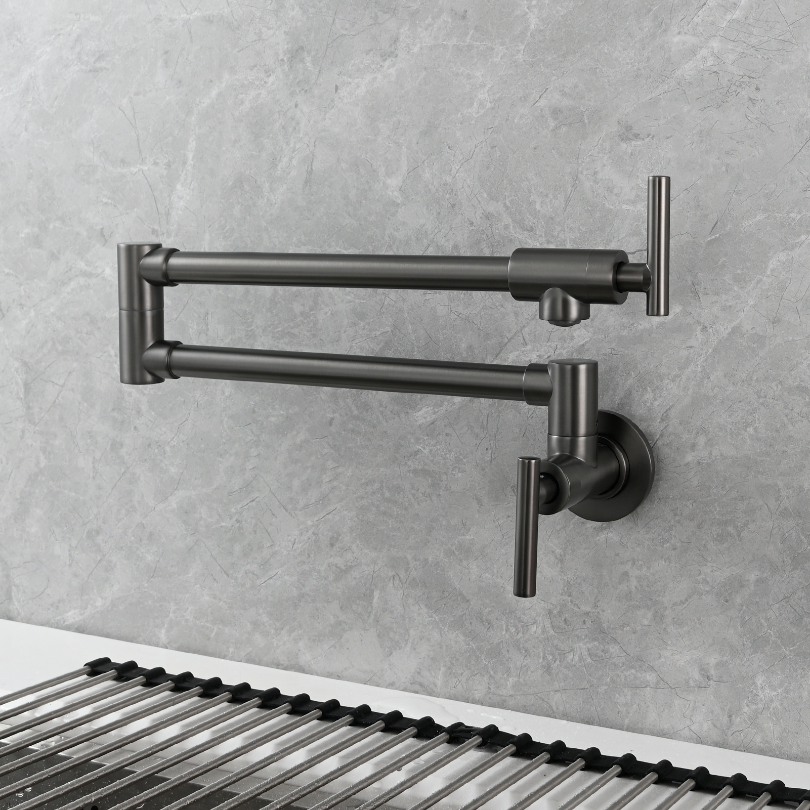 Tecmolog Pot Filler Faucet, Wall Mount 1/2”NPT Kitchen Sink Tap, Brass Double Joint Spout Cold Water Faucet,Nickel/Black/Chrome