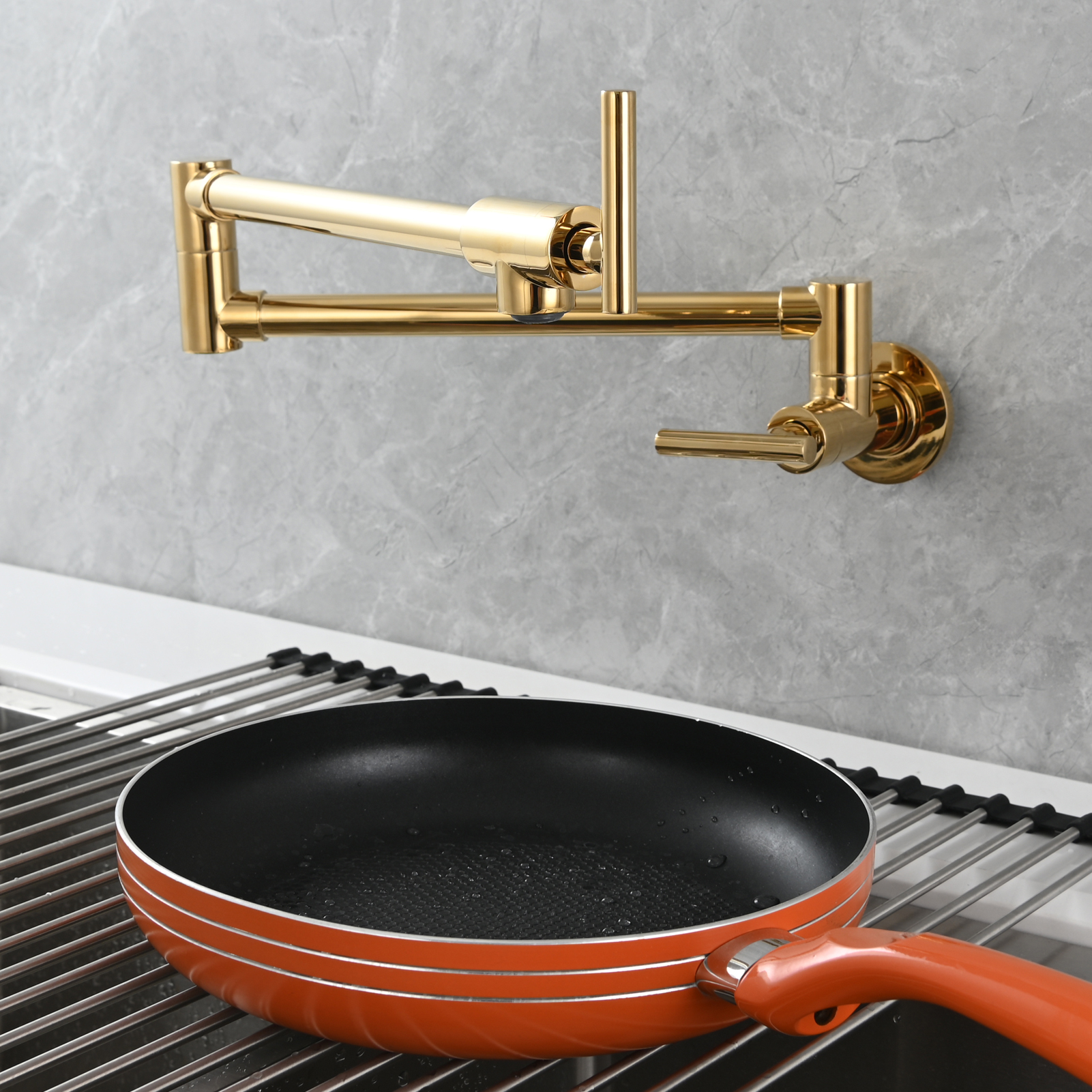 Tecmolog Pot Filler Faucet, Wall Mount 1/2”NPT Kitchen Sink Tap, Brass Double Joint Spout Cold Water Faucet,Nickel/Black/Chrome