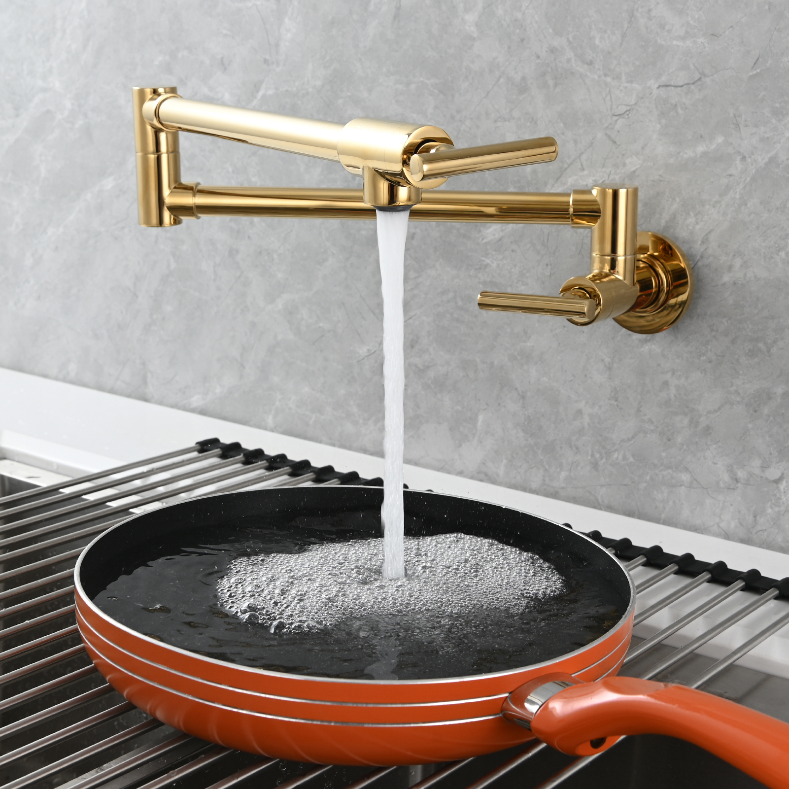 Tecmolog Pot Filler Faucet, Wall Mount 1/2”NPT Kitchen Sink Tap, Brass Double Joint Spout Cold Water Faucet,Nickel/Black/Chrome