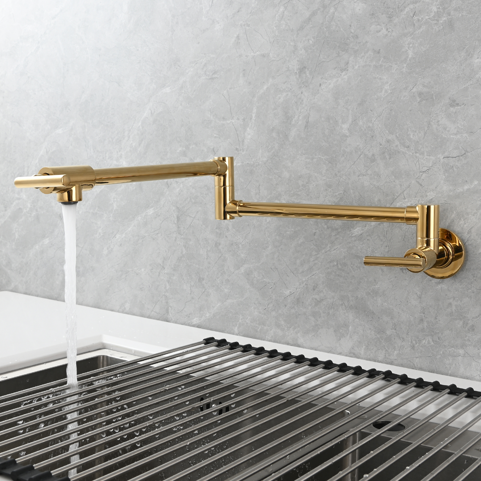 Tecmolog Pot Filler Faucet, Wall Mount 1/2”NPT Kitchen Sink Tap, Brass Double Joint Spout Cold Water Faucet,Nickel/Black/Chrome