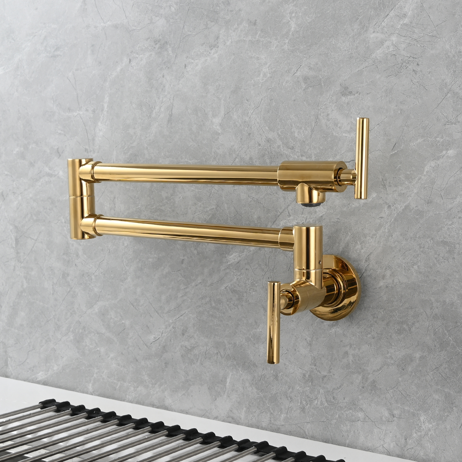 Tecmolog Pot Filler Faucet, Wall Mount 1/2”NPT Kitchen Sink Tap, Brass Double Joint Spout Cold Water Faucet,Nickel/Black/Chrome