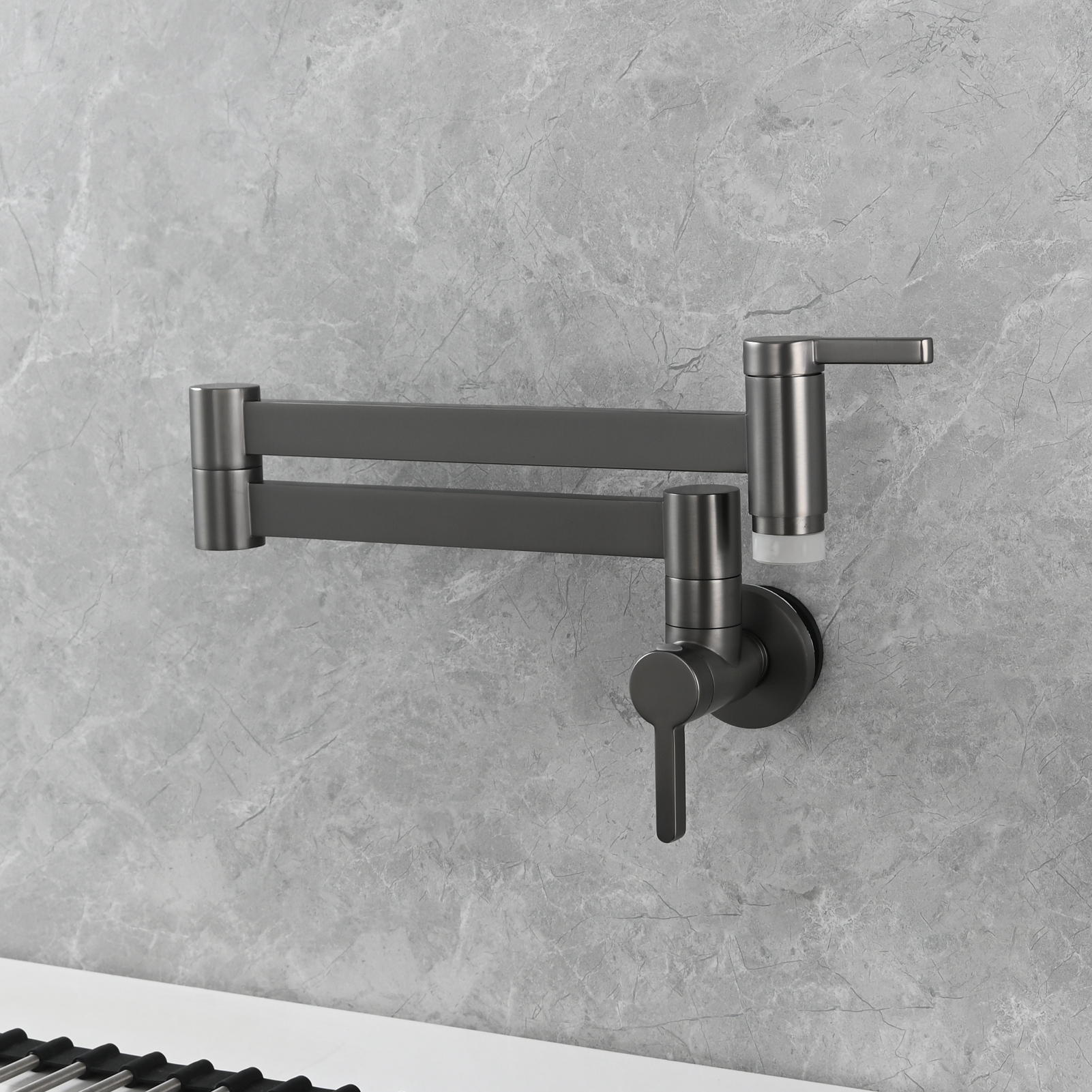 Tecmolog Kitchen Faucet Wall Mount Pot Filler Faucet Brass 360 Rotatable Folding Lengthened with Double Joint Swing Arms,2 Handles Control Water Nickel/Chome/Black/Golden/Brushed Brass