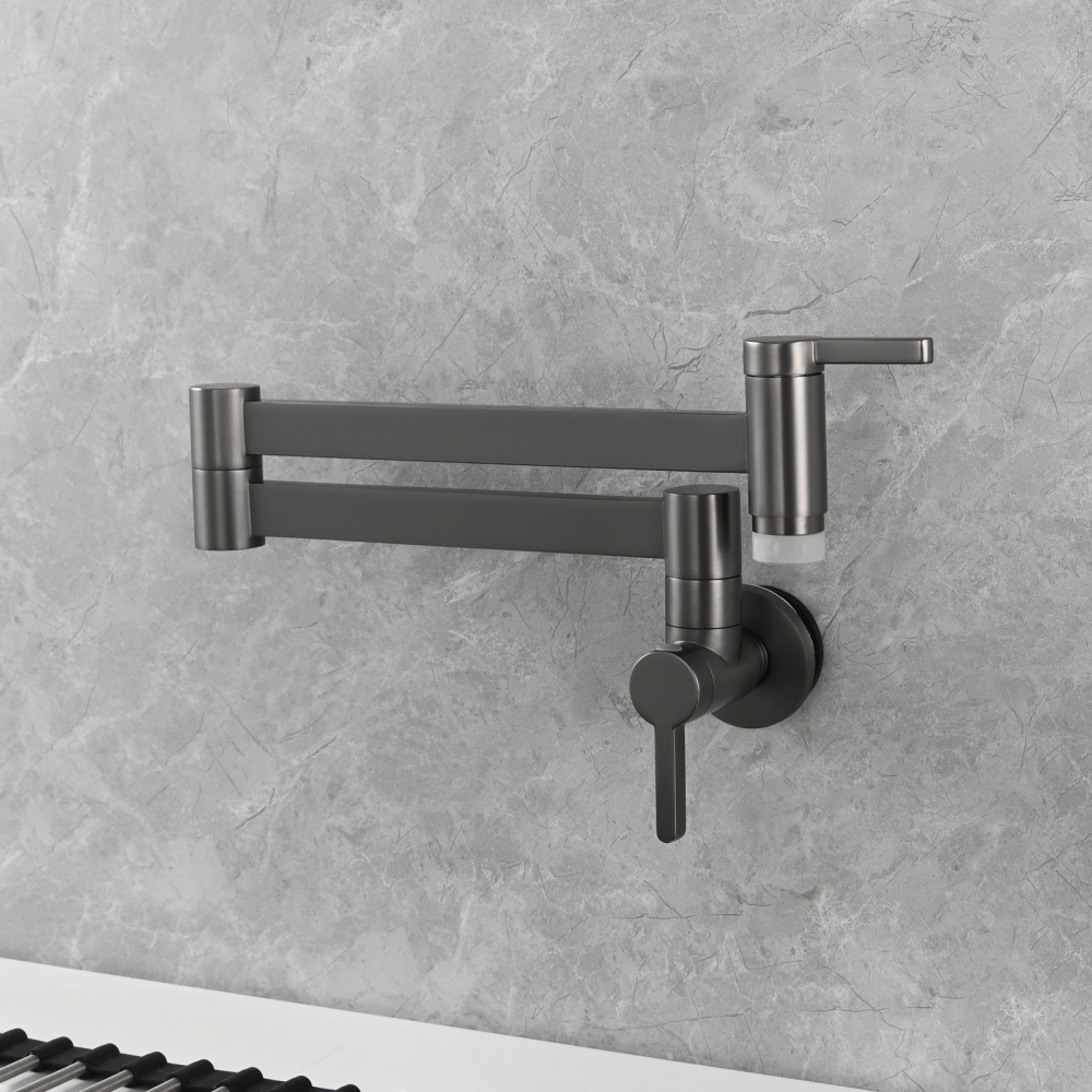 Tecmolog Kitchen Faucet Wall Mount Pot Filler Faucet Brass 360 Rotatable Folding Lengthened with Double Joint Swing Arms,2 Handles Control Water Nickel/Chome/Black/Golden/Brushed Brass