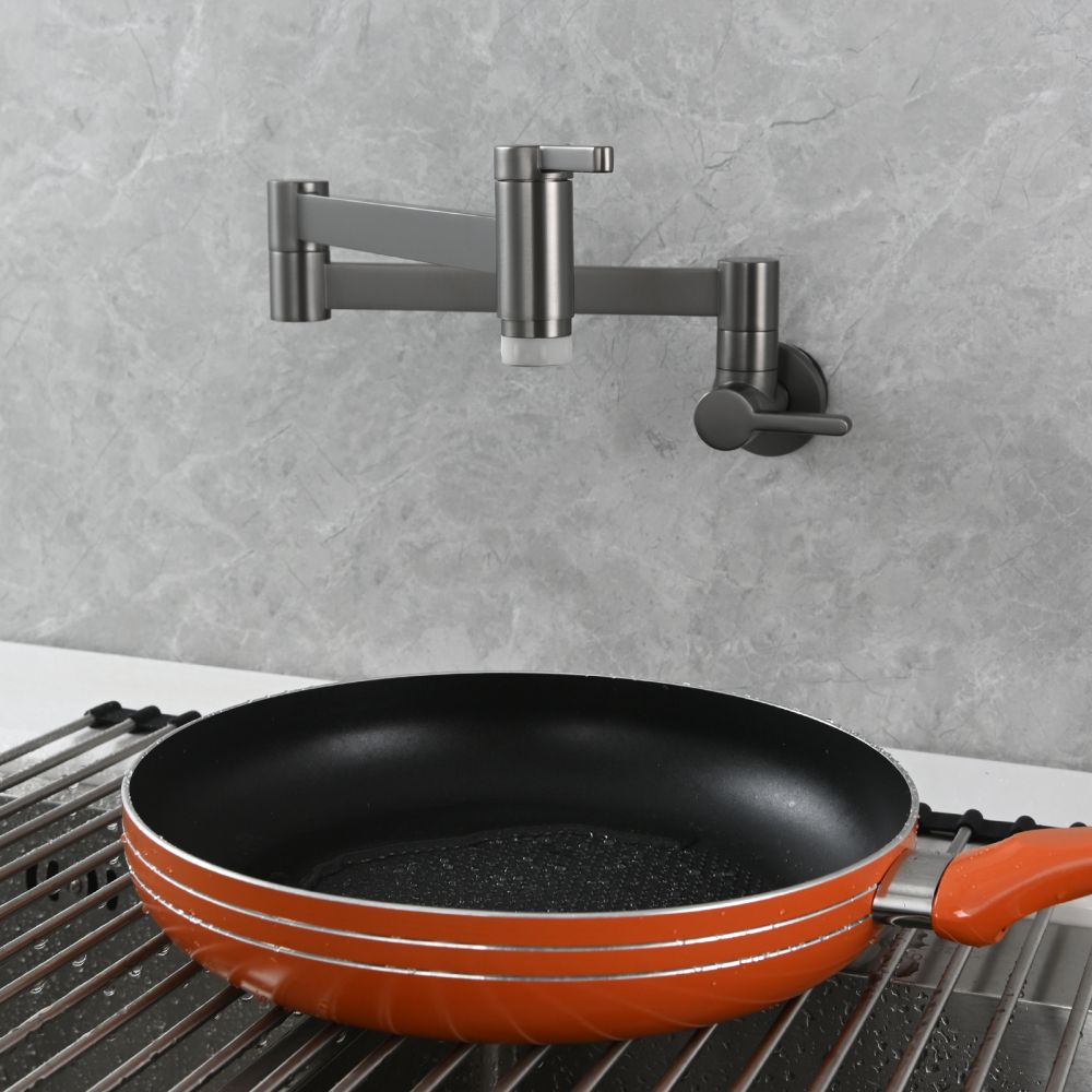 Tecmolog Kitchen Faucet Wall Mount Pot Filler Faucet Brass 360 Rotatable Folding Lengthened with Double Joint Swing Arms,2 Handles Control Water Nickel/Chome/Black/Golden/Brushed Brass