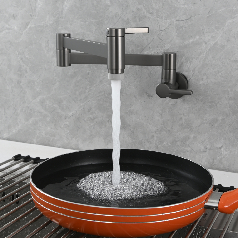 Tecmolog Kitchen Faucet Wall Mount Pot Filler Faucet Brass 360 Rotatable Folding Lengthened with Double Joint Swing Arms,2 Handles Control Water Nickel/Chome/Black/Golden/Brushed Brass