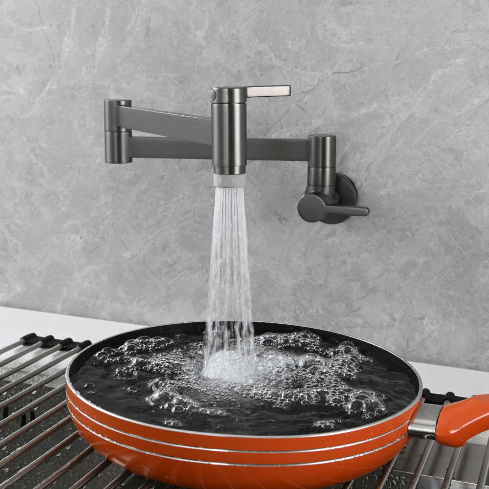 Tecmolog Kitchen Faucet Wall Mount Pot Filler Faucet Brass 360 Rotatable Folding Lengthened with Double Joint Swing Arms,2 Handles Control Water Nickel/Chome/Black/Golden/Brushed Brass